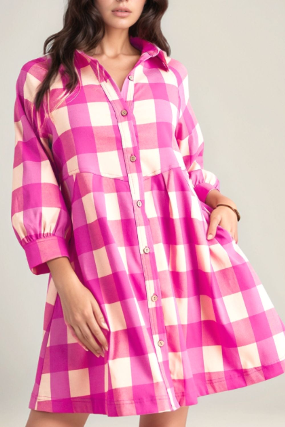 Blue Zone Planet | Ruched Plaid Three-Quarter Sleeve Shirt Dress-TOPS / DRESSES-[Adult]-[Female]-Hot Pink-S-2022 Online Blue Zone Planet