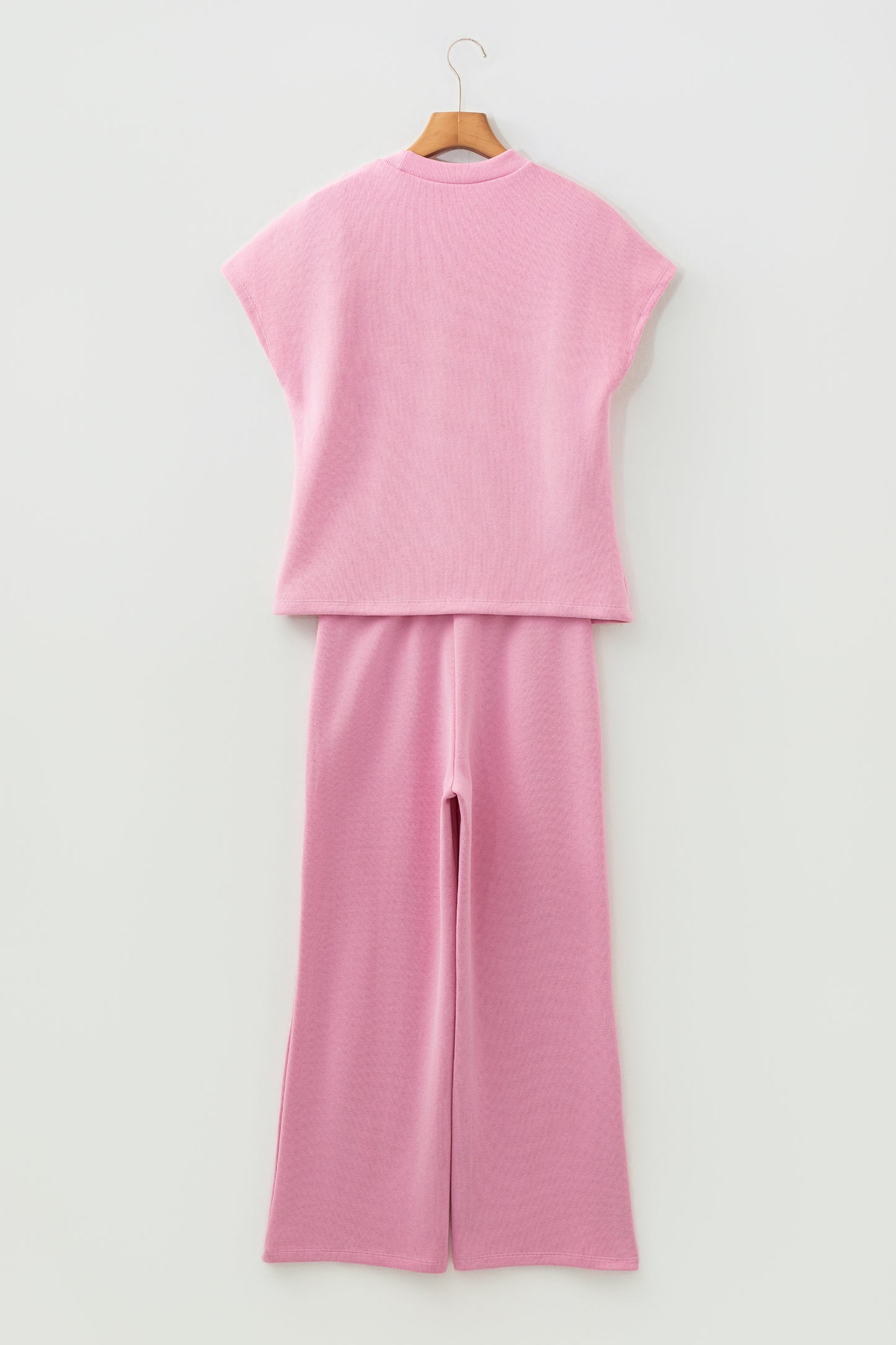 Pink Textured Knit High Neck Loose Tee Elastic Waist Loose Pant Set-Two Piece Sets/Pant Sets-[Adult]-[Female]-2022 Online Blue Zone Planet