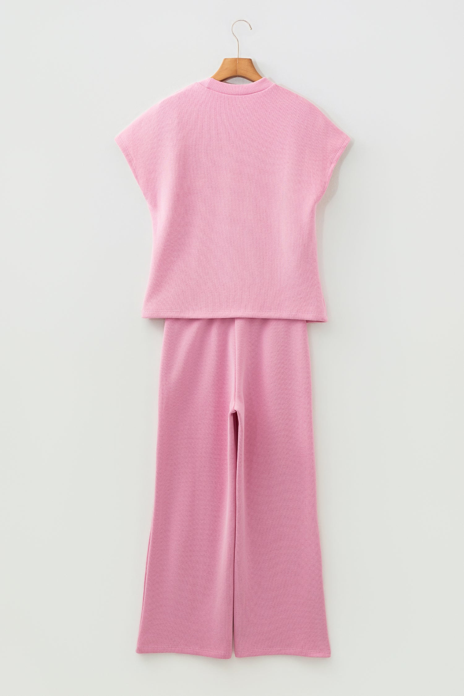 Pink Textured Knit High Neck Loose Tee Elastic Waist Loose Pant Set-Two Piece Sets/Pant Sets-[Adult]-[Female]-2022 Online Blue Zone Planet