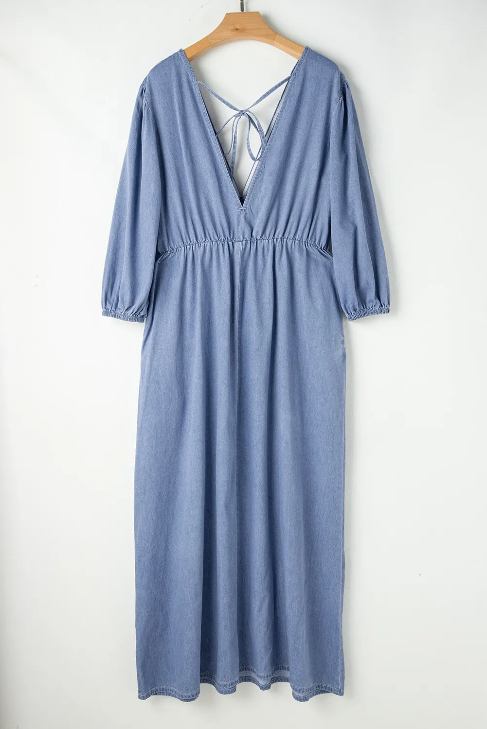 Tied Plunge Three-Quarter Sleeve Denim Dress-TOPS / DRESSES-[Adult]-[Female]-2022 Online Blue Zone Planet