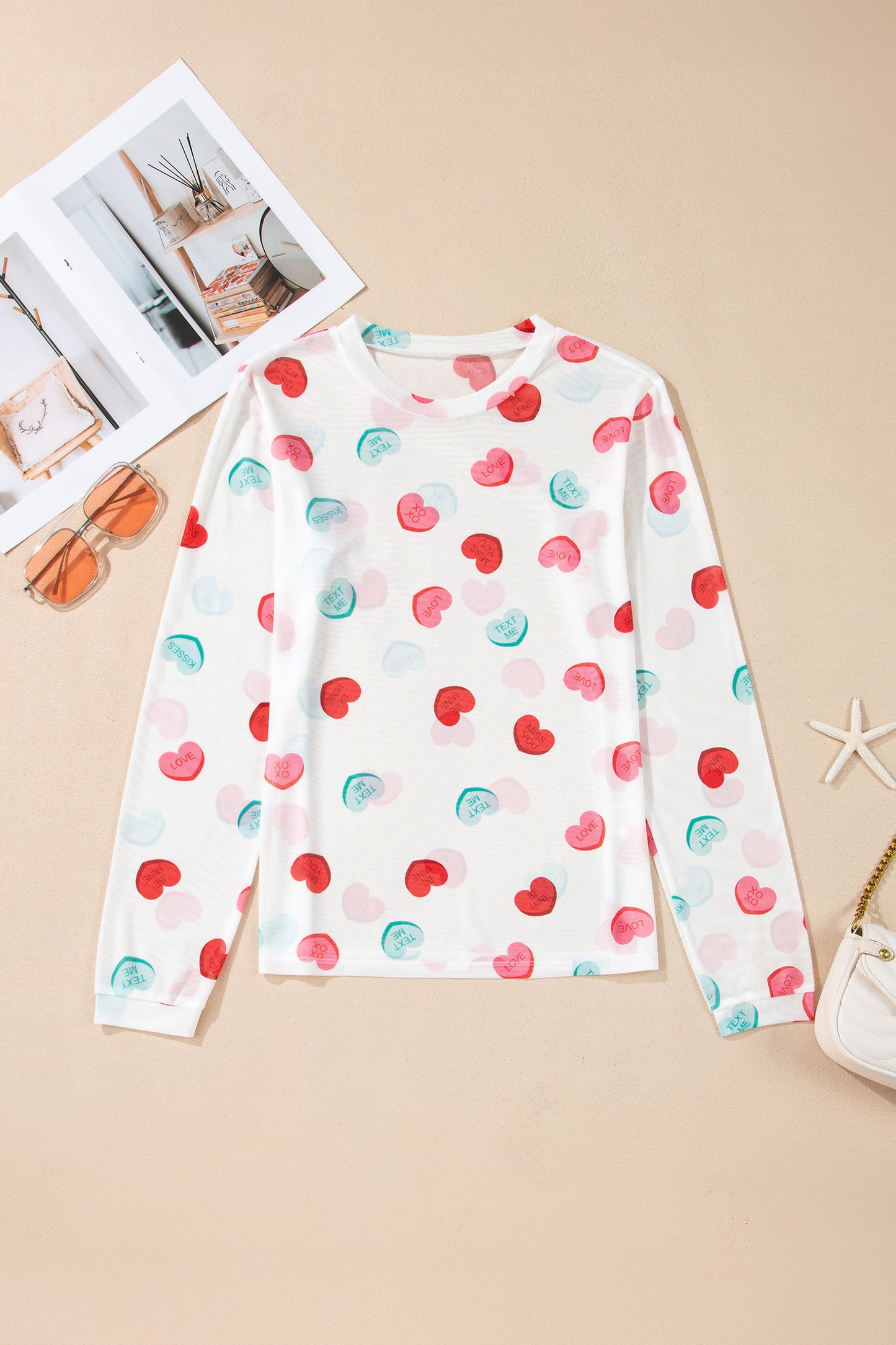 White Sheer Mesh Valentines Slogan Heart Printed Long Sleeve Top-Tops/Long Sleeve Tops-[Adult]-[Female]-2022 Online Blue Zone Planet