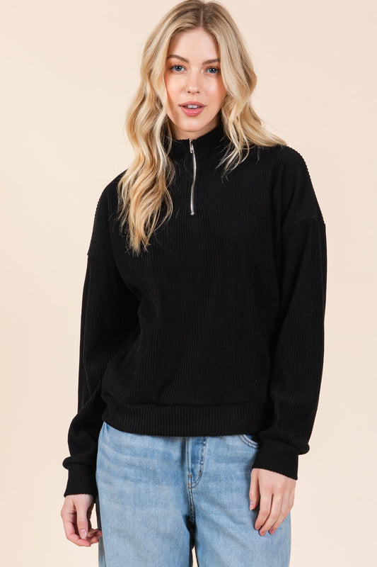 Blue Zone Planet | BOMBOM Quarter Zip Long Sleeve Sweatshirt with Pockets-TOPS / DRESSES-[Adult]-[Female]-Black-S-2022 Online Blue Zone Planet