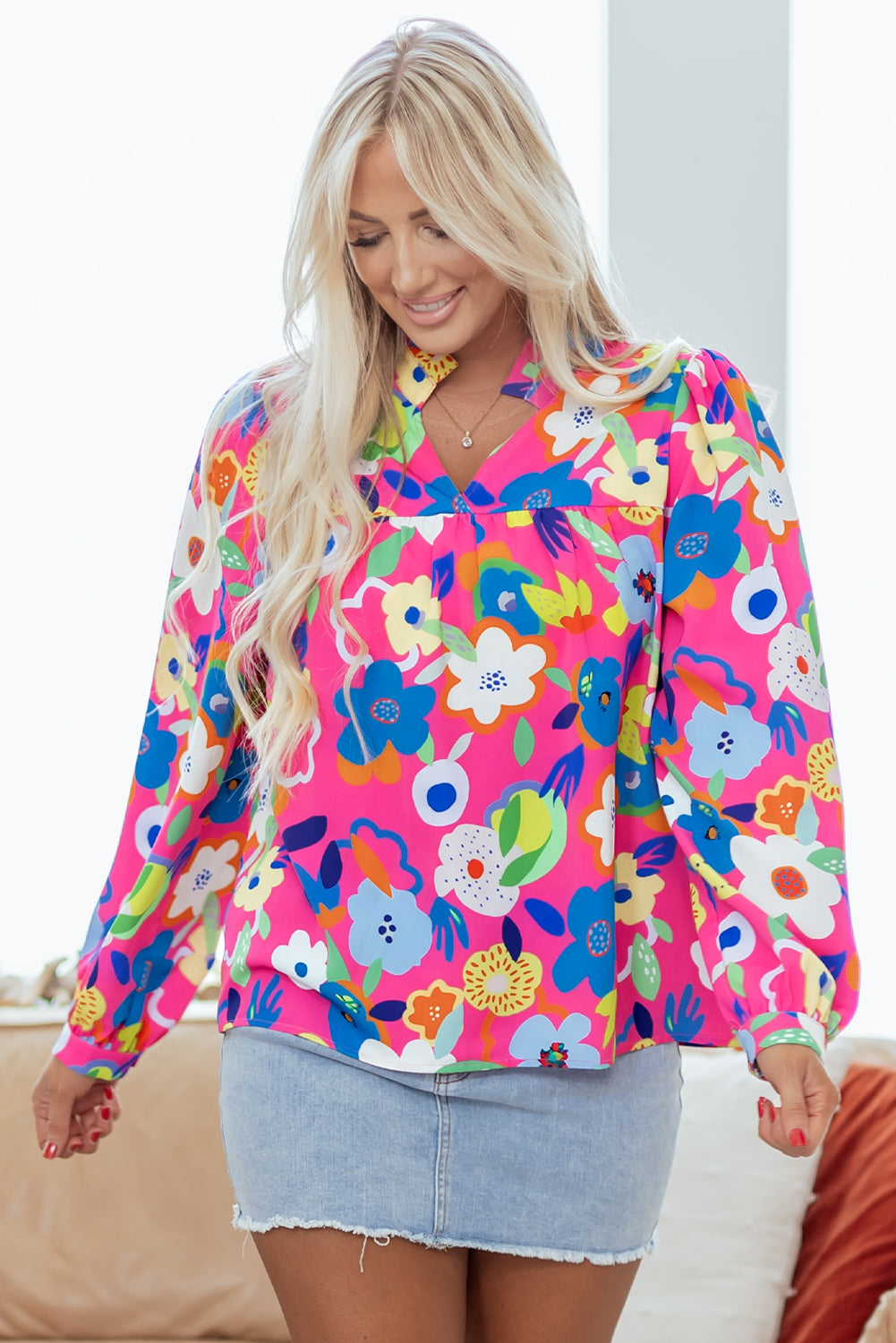 Rose Flower Bomb V Neck Blouse-Tops/Blouses & Shirts-[Adult]-[Female]-2022 Online Blue Zone Planet