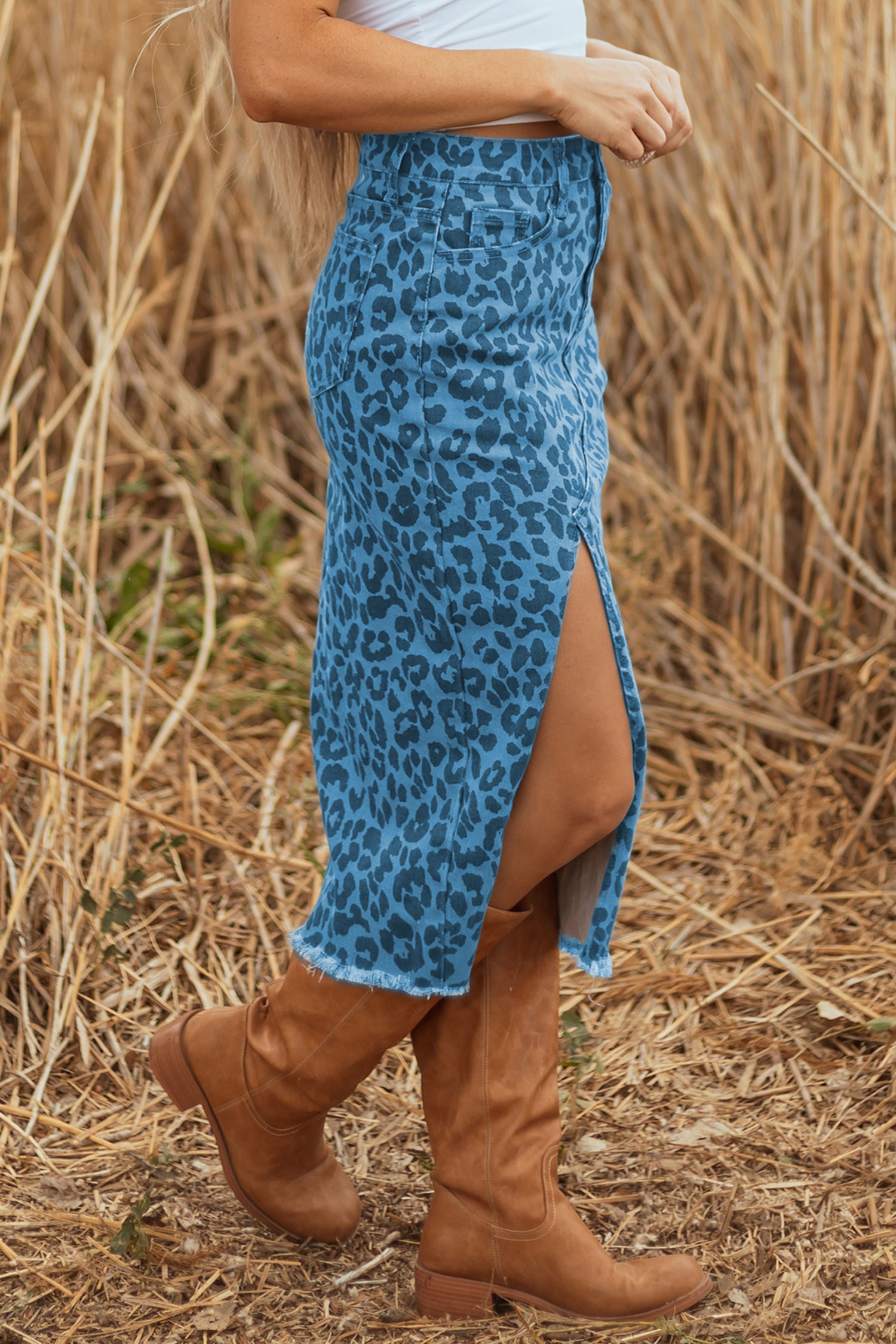 Sky Blue Leopard Denim Frayed Split Denim Midi Skirt-Bottoms/Skirts & Petticoat-[Adult]-[Female]-2022 Online Blue Zone Planet
