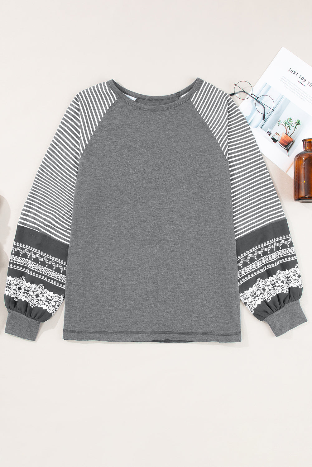 Tillandsia Purple Contrast Print Striped Raglan Long Sleeve Loose Top-Tops/Long Sleeve Tops-[Adult]-[Female]-Gray-S-2022 Online Blue Zone Planet