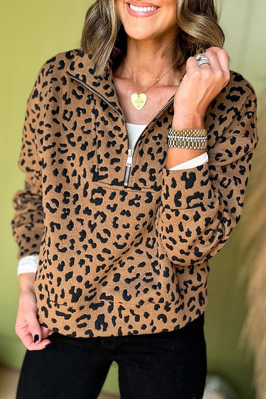 Brown Leopard Print Quarter Zip Sweatshirt