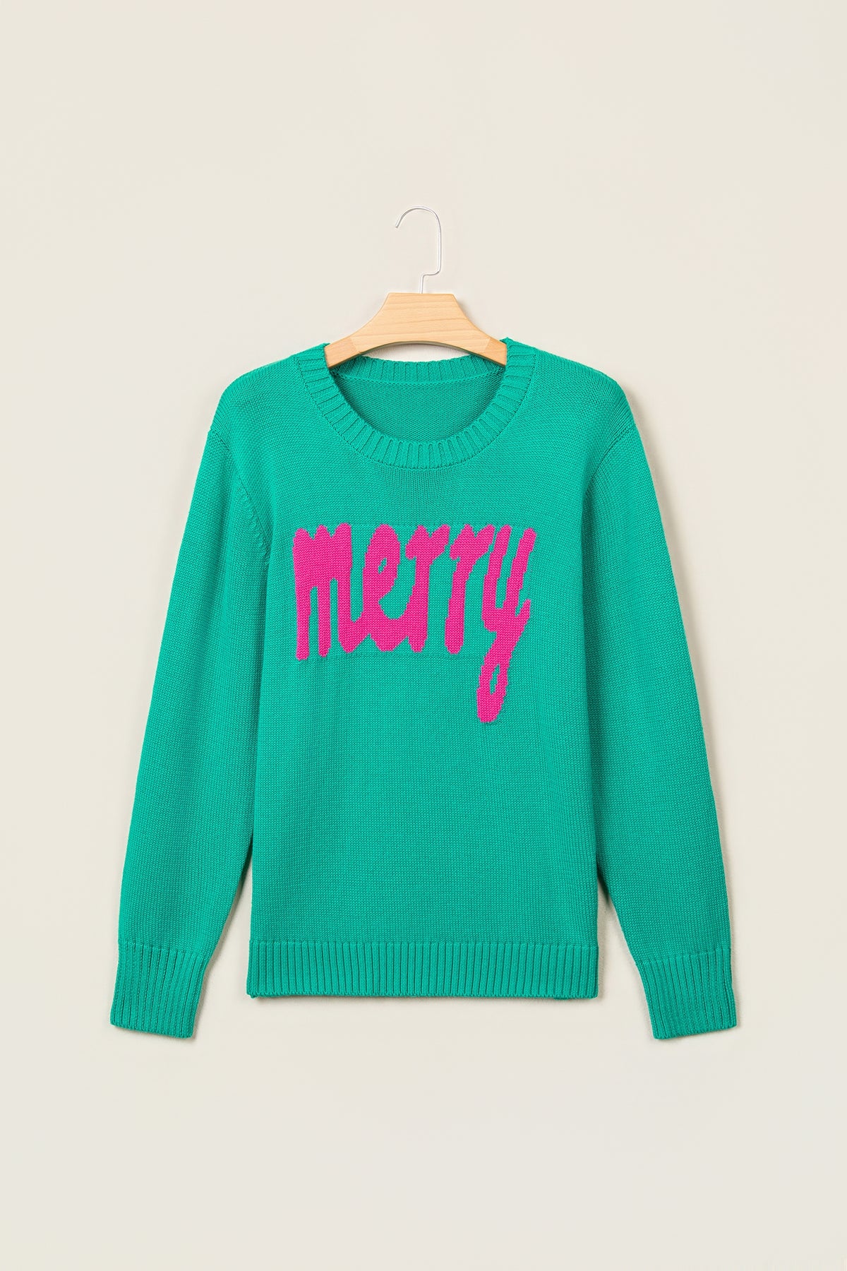Bright Green Merry Print Ribbed Trim Round Neck Loose Fit Sweater-Sweaters & Cardigans/Sweaters-[Adult]-[Female]-2022 Online Blue Zone Planet
