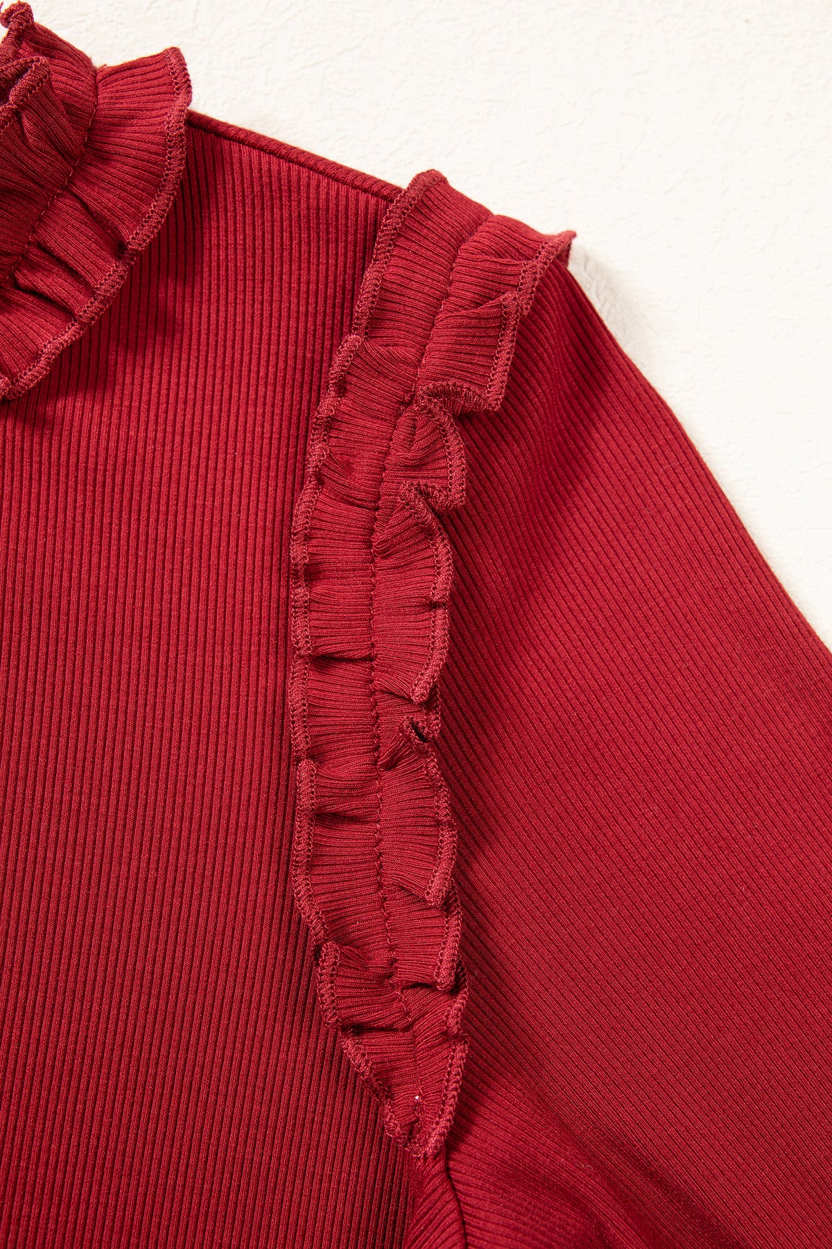 Red Dahlia Solid Color Round Neck Frill Detail Long Sleeve Top-Tops/Long Sleeve Tops-[Adult]-[Female]-2022 Online Blue Zone Planet