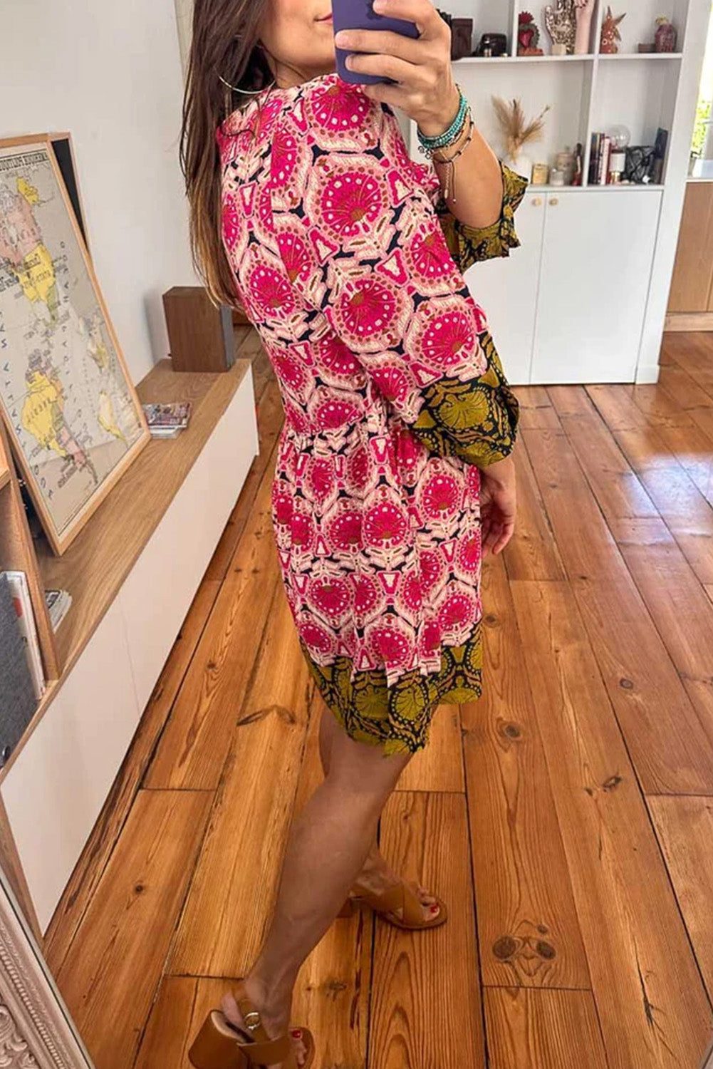 Strawberry Pink Retro Printed V Neck Bracelet Sleeve Dress-TOPS / DRESSES-[Adult]-[Female]-2022 Online Blue Zone Planet