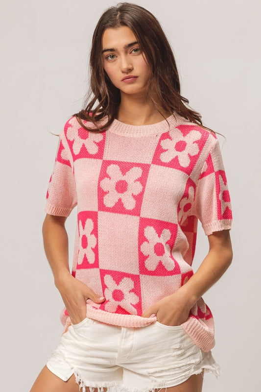 BiBi Flower Checker Pattern Short Sleeve Sweater-TOPS / DRESSES-[Adult]-[Female]-Blush/Fuchsia-S-2022 Online Blue Zone Planet