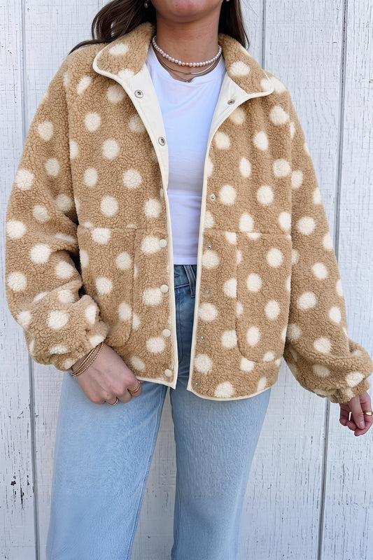Khaki Polka Dot Faux Fur Metal Button Placket Shift Silhouette Jacket-Outerwear/Jackets-[Adult]-[Female]-Khaki-S-2022 Online Blue Zone Planet