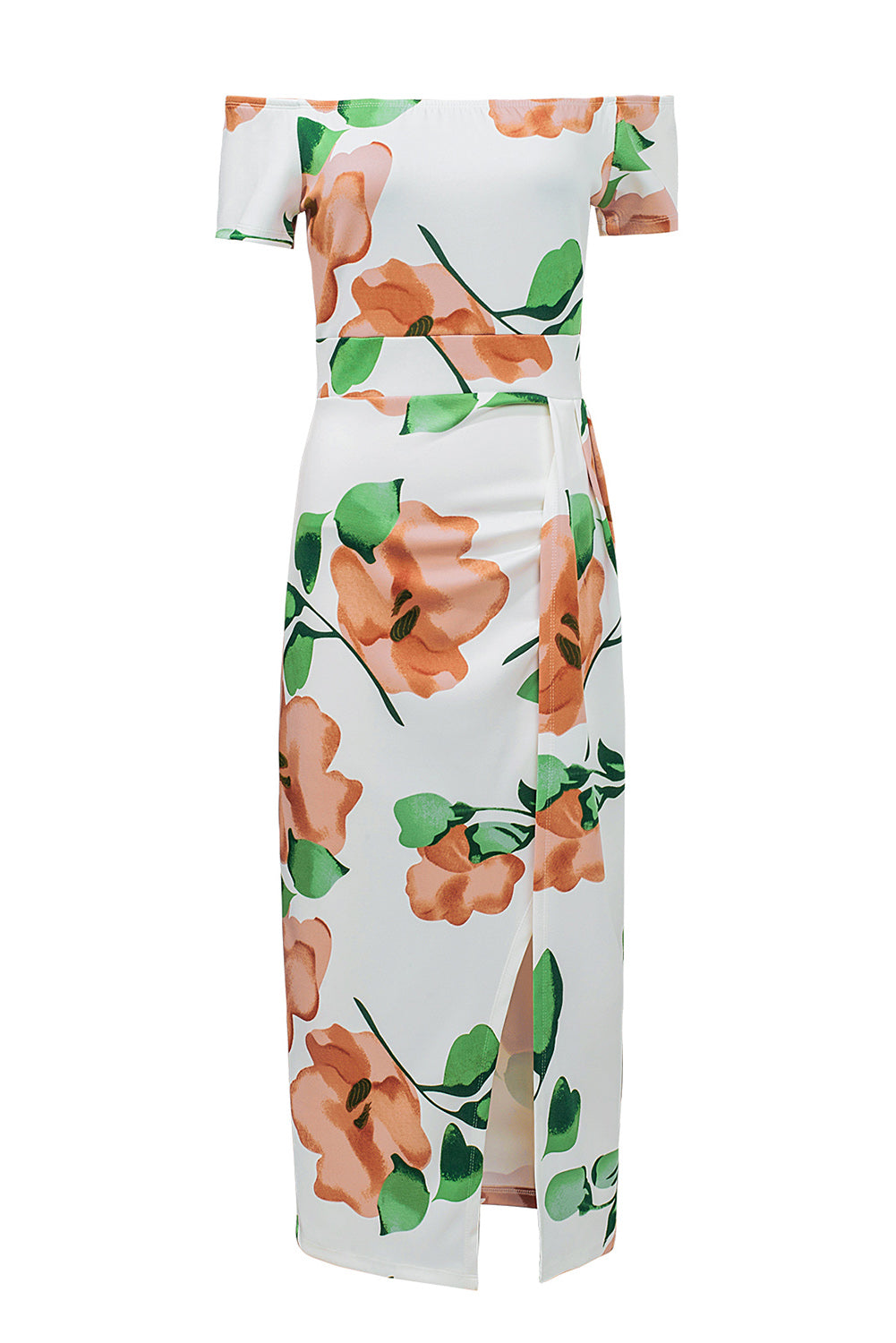 Pink Floral Print Off Shoulder Slit Bodycon Midi Dress-Dresses/Midi Dresses-[Adult]-[Female]-2022 Online Blue Zone Planet