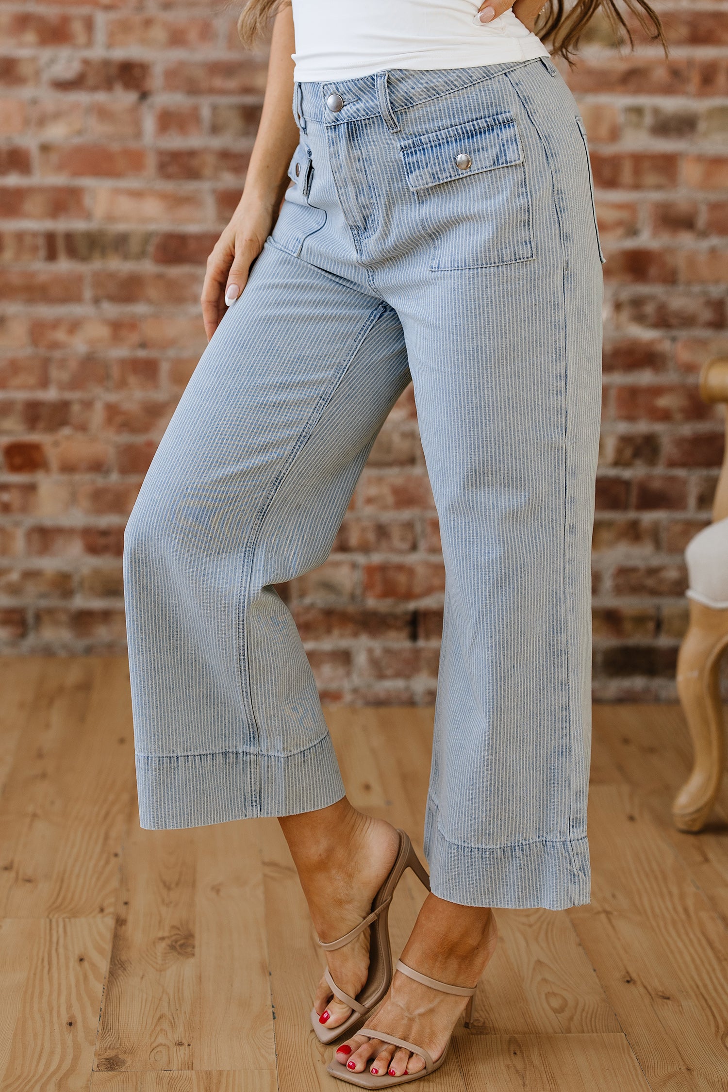 Sky Blue Stripe Button Flap Pocket Cuffed Hem Wide Leg Jeans-Bottoms/Jeans-[Adult]-[Female]-2022 Online Blue Zone Planet