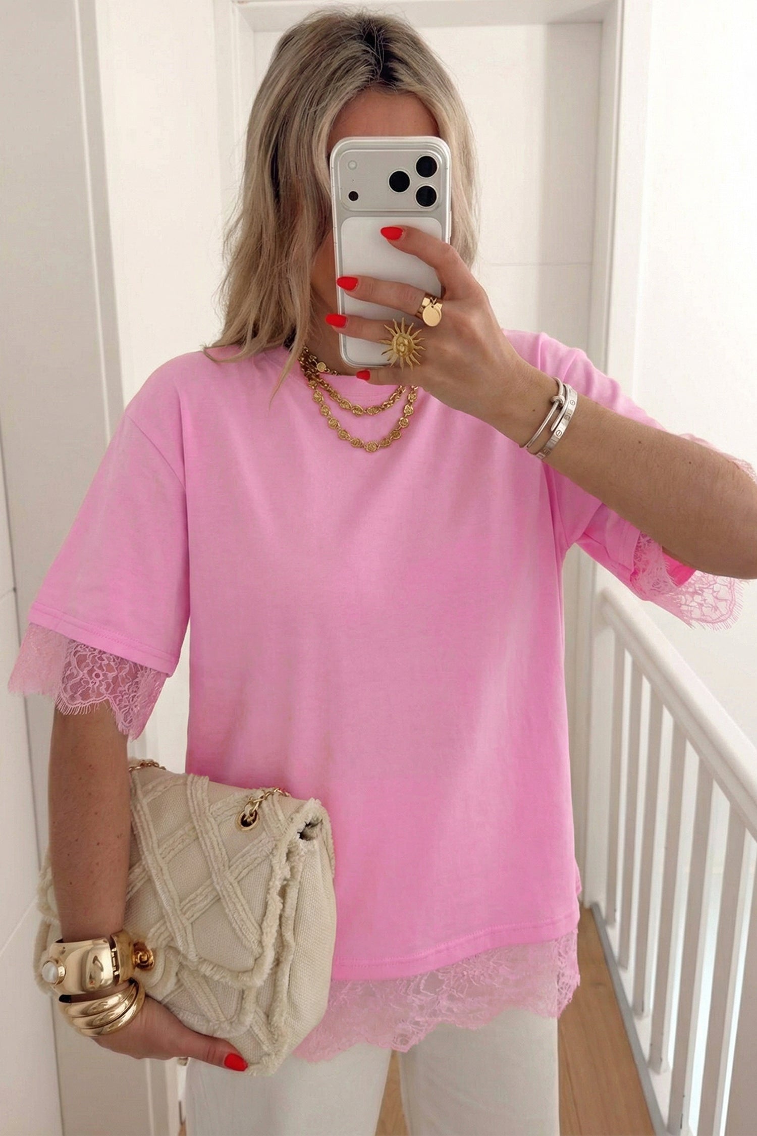 Pink Eyelash Floral Lace Patchwork Half Sleeve Oversize Tee-Tops/Tops & Tees-[Adult]-[Female]-2022 Online Blue Zone Planet