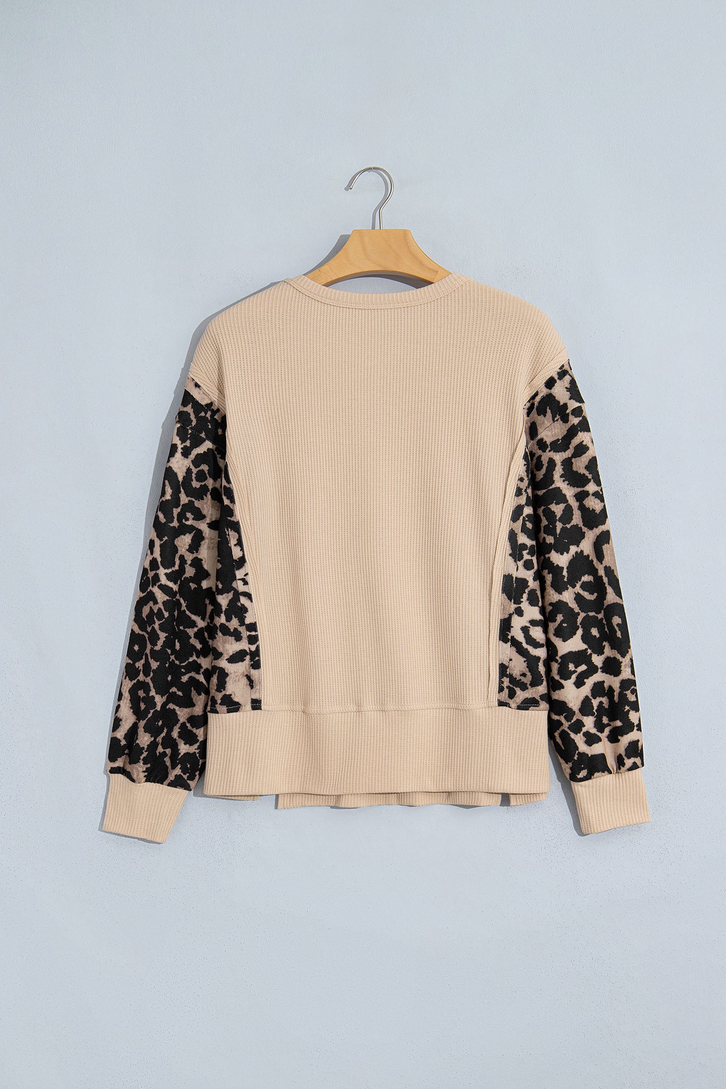 Gray Morn Leopard Sleeve Waffle Knit Split Hem Top-Tops/Long Sleeve Tops-[Adult]-[Female]-2022 Online Blue Zone Planet