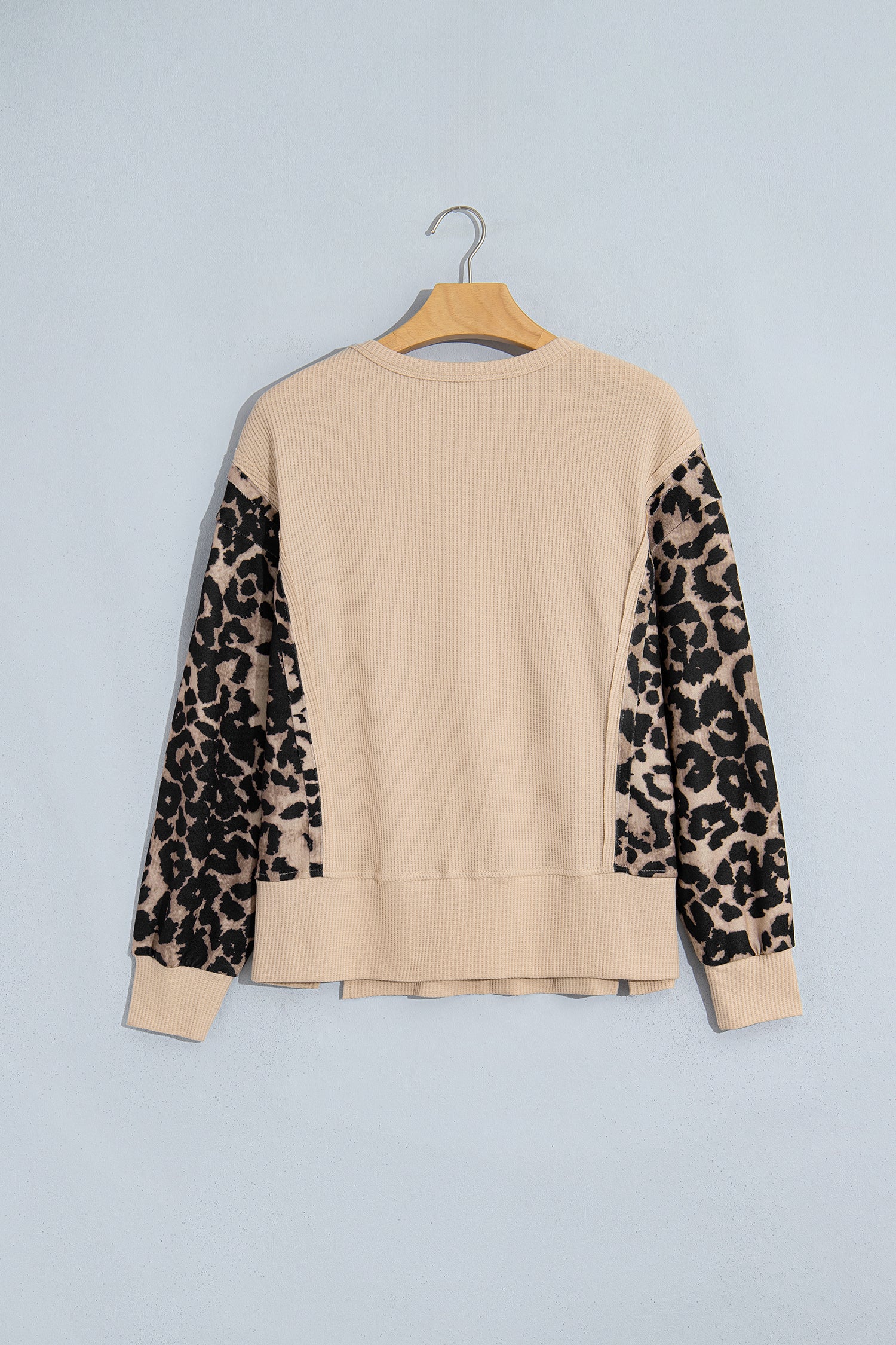 Gray Morn Leopard Sleeve Waffle Knit Split Hem Top-Tops/Long Sleeve Tops-[Adult]-[Female]-2022 Online Blue Zone Planet