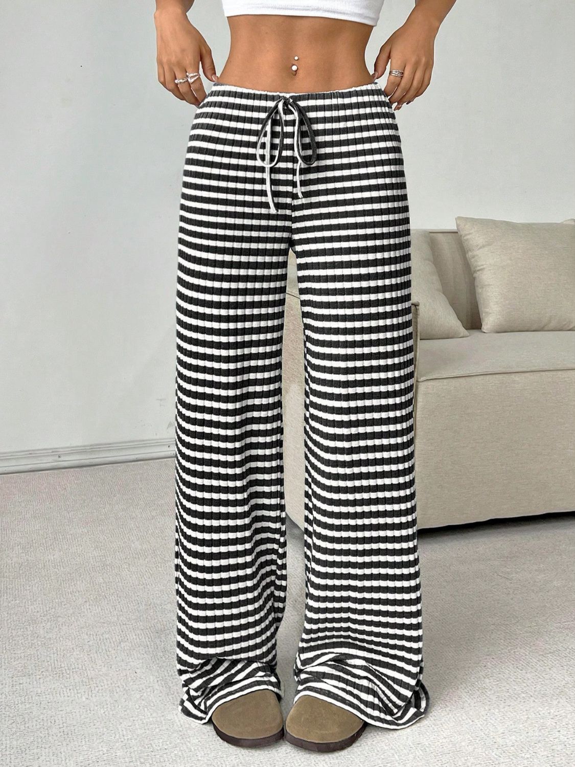 Blue Zone Planet | Tied Striped Wide Leg Pants-BOTTOMS SIZES SMALL MEDIUM LARGE-[Adult]-[Female]-Black-S-2022 Online Blue Zone Planet