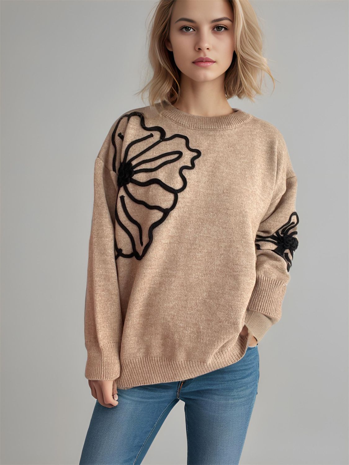 Flower Round Neck Long Sleeve Sweater-TOPS / DRESSES-[Adult]-[Female]-Tan-One Size-2022 Online Blue Zone Planet