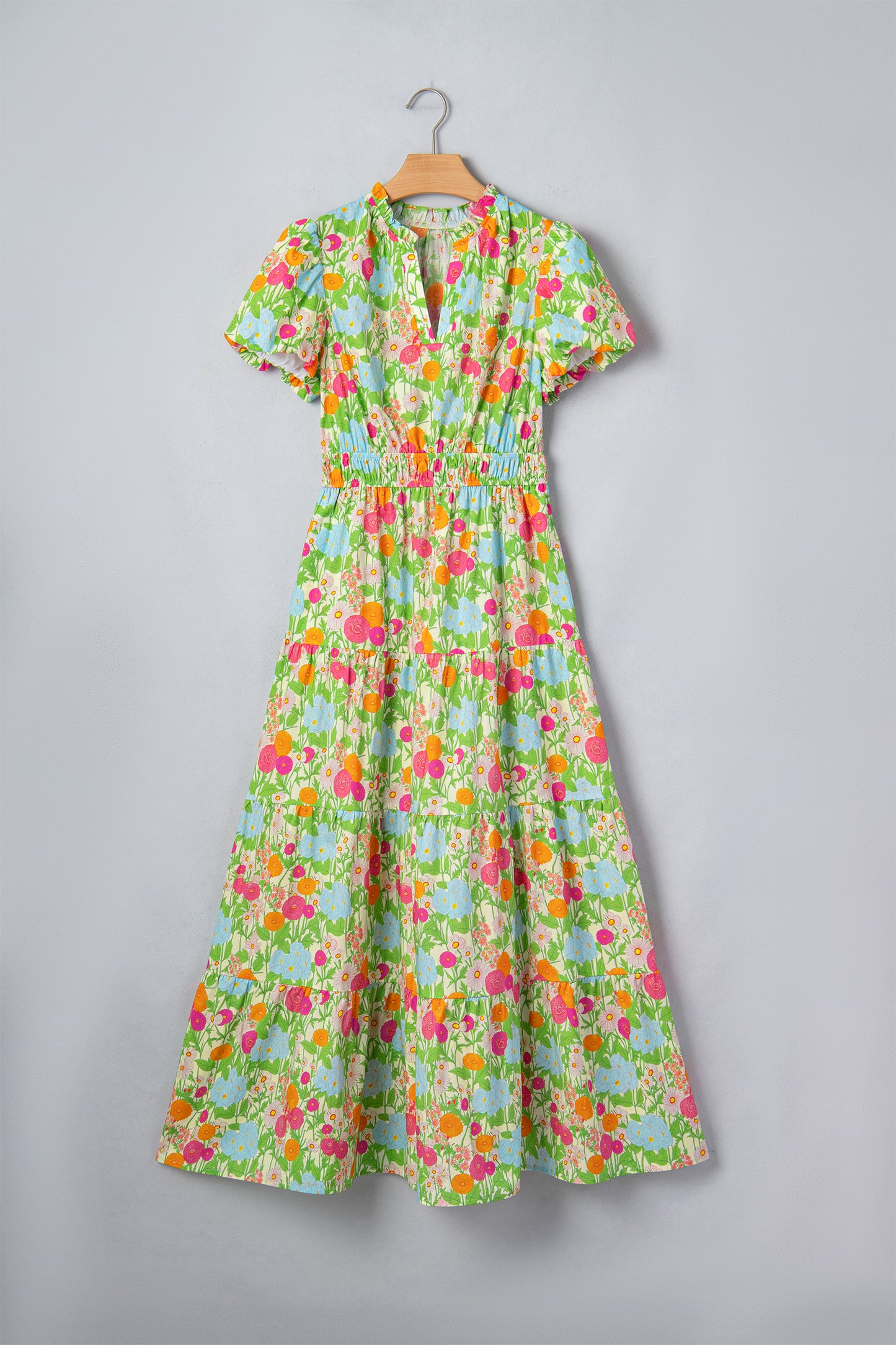 Green Floral Print V Neck Short Puff Sleeve Cotton Maxi Dress-Dresses/Floral Dresses-[Adult]-[Female]-2022 Online Blue Zone Planet