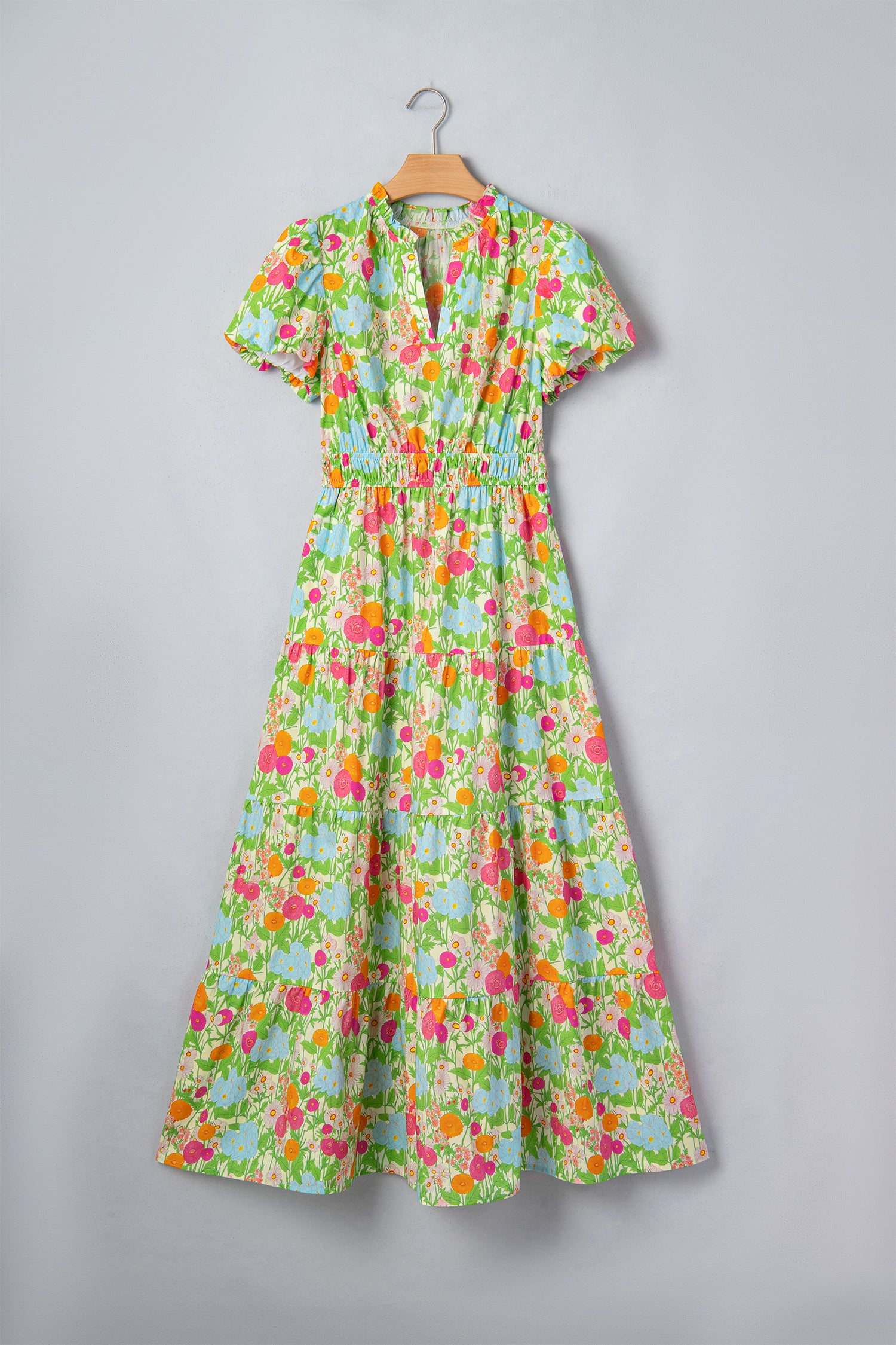 Green Floral Print V Neck Short Puff Sleeve Cotton Maxi Dress-Dresses/Floral Dresses-[Adult]-[Female]-2022 Online Blue Zone Planet