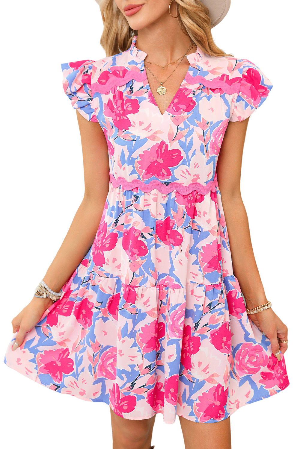 Blue Zone Planet | Sky Blue Floral Printed V Notched Ric Rac Flutter Sleeve Dress-TOPS / DRESSES-[Adult]-[Female]-2022 Online Blue Zone Planet