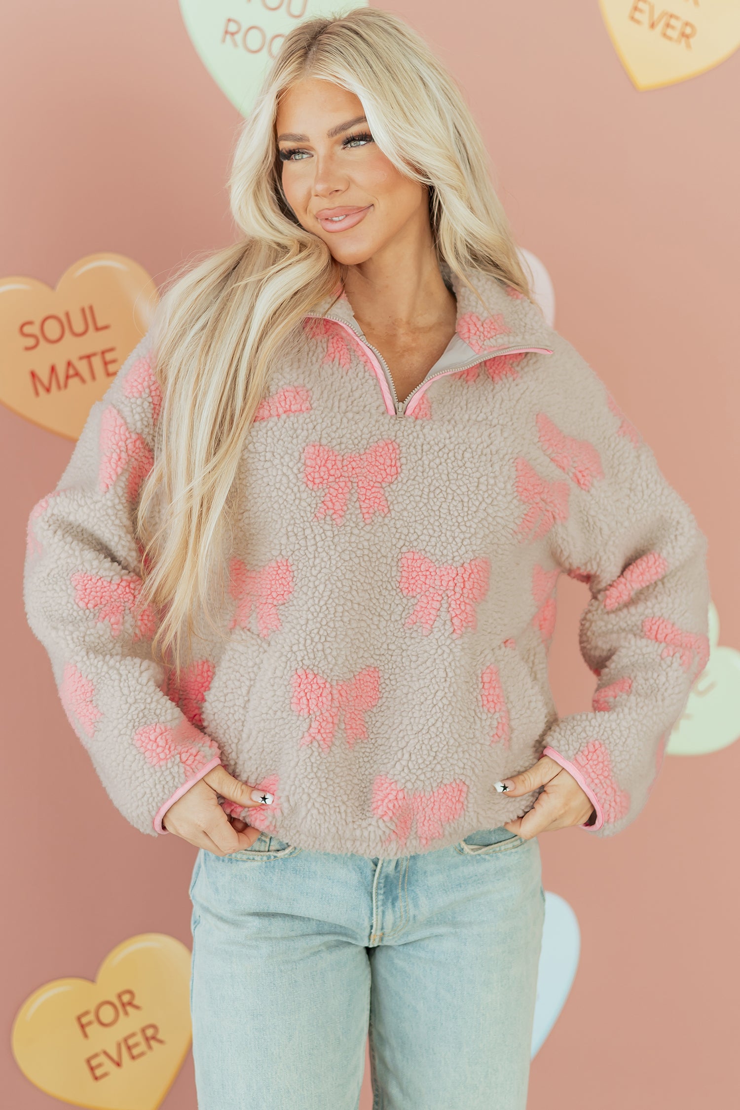 Gray Bow Sherpa Quarter Zip Drop Shoulder Baggy Sweatshirt-Tops/Sweatshirts & Hoodies-[Adult]-[Female]-2022 Online Blue Zone Planet