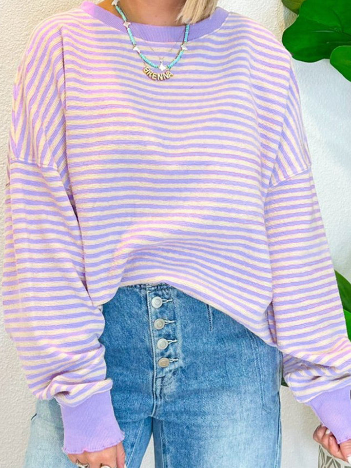 Blue Zone Planet | Striped Round Neck Long Sleeve Sweatshirt-TOPS / DRESSES-[Adult]-[Female]-Lavender-M-2022 Online Blue Zone Planet