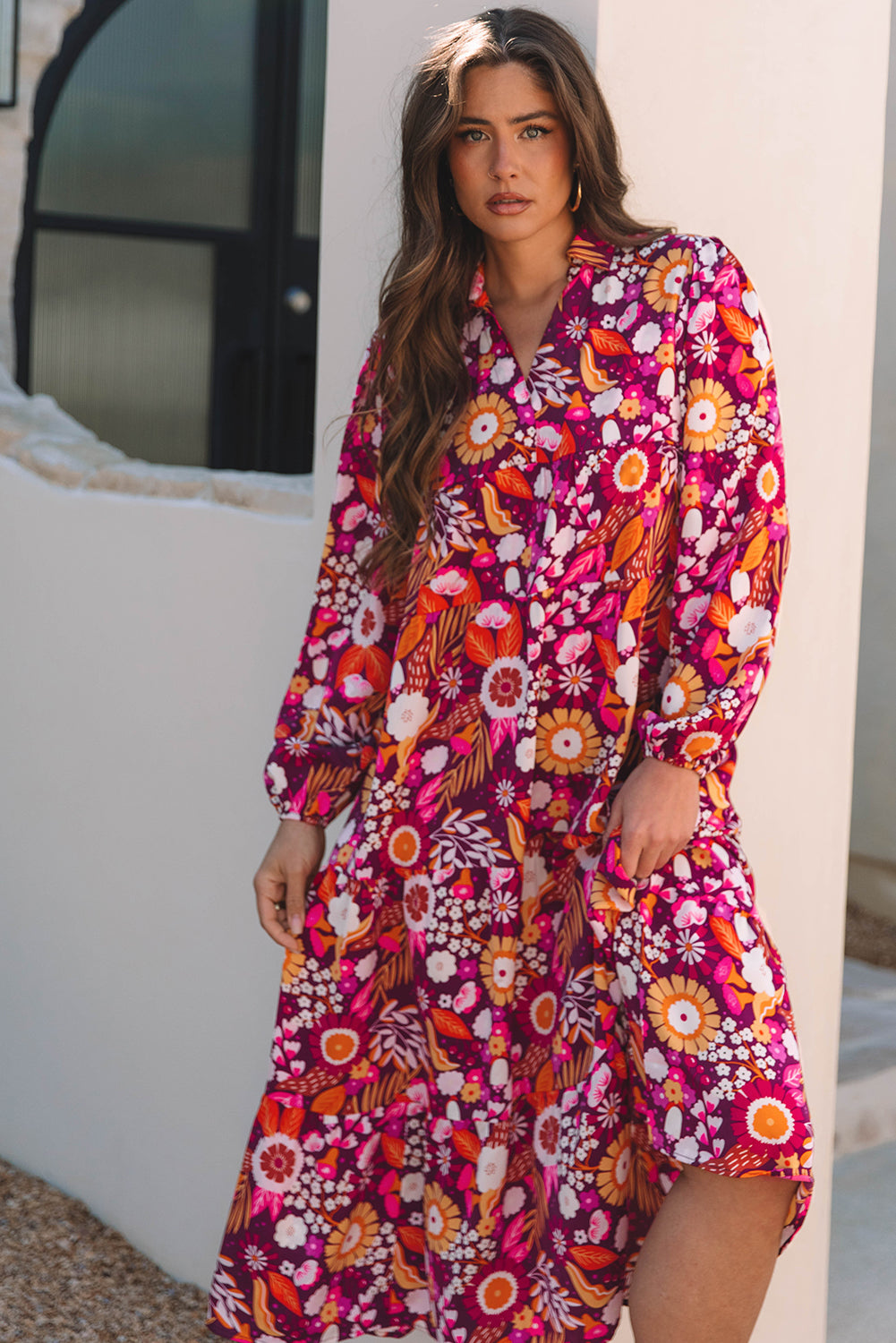 Blue Zone Planet | Purple Collared Tiered Flowy Long Dress-TOPS / DRESSES-[Adult]-[Female]-2022 Online Blue Zone Planet