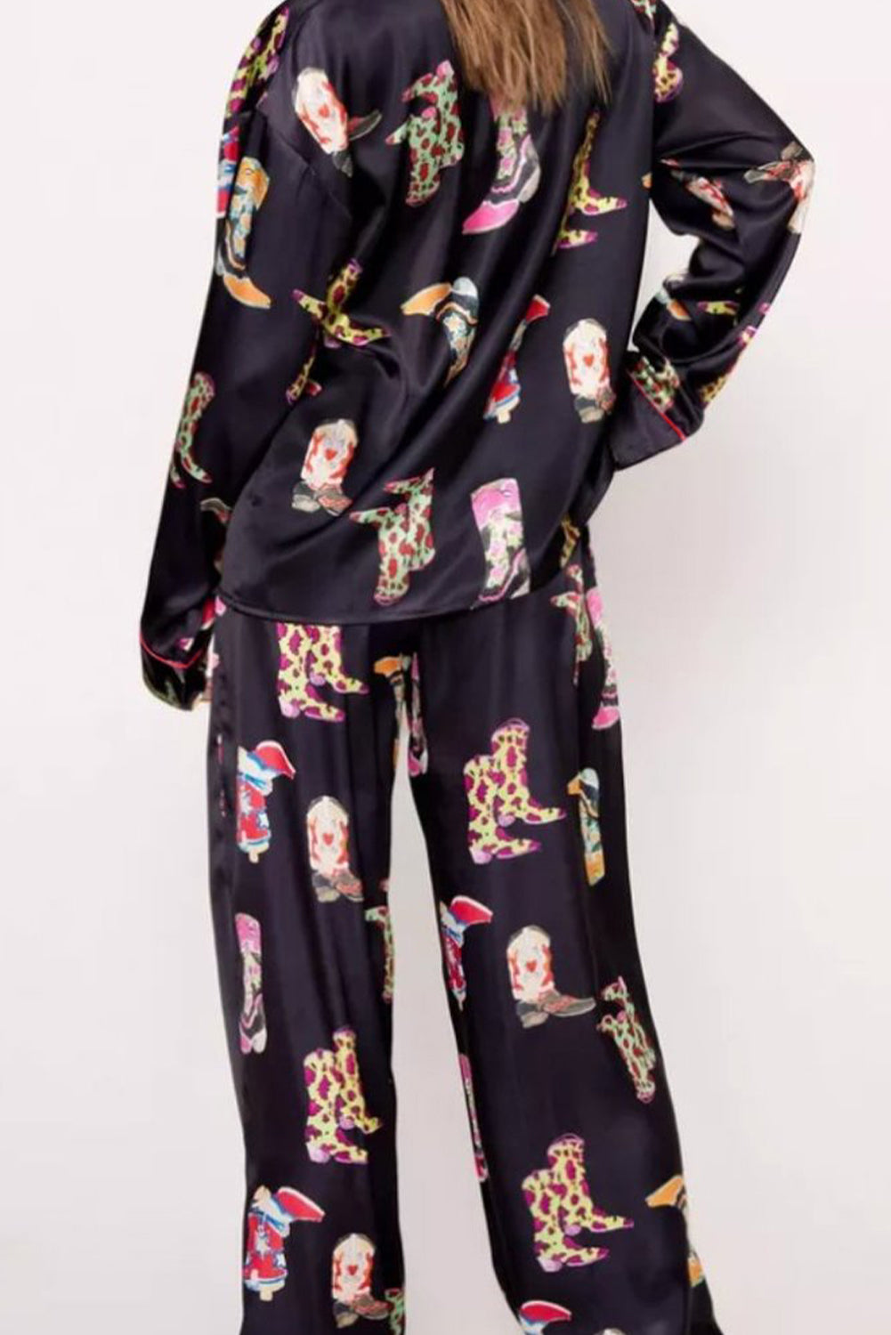 Black Western Cowgirl Boots Printed Satin Long Pajama Set-Loungewear & Sleepwear/Sleepwear-[Adult]-[Female]-2022 Online Blue Zone Planet