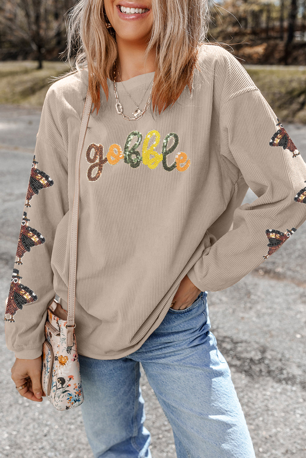 Smoke Gray Corded Ribbed Thanksgiving Turkey Sequin Patched Sleeve gobble Baggy Sweatshirt-Graphic/Graphic Sweatshirts-[Adult]-[Female]-2022 Online Blue Zone Planet