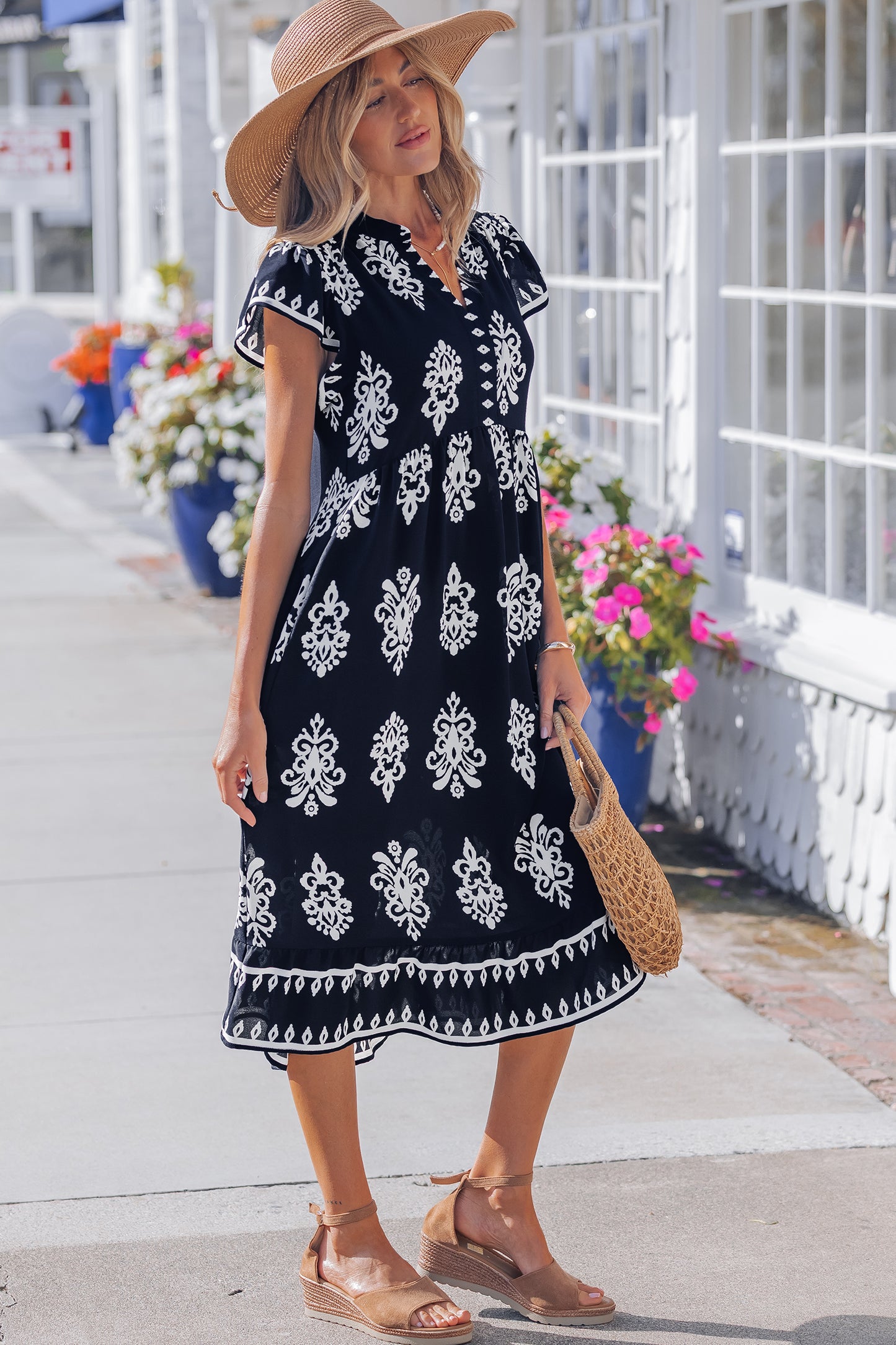 Blue Western Ethnic Print Notched Neck Short Sleeve Midi Dress-TOPS / DRESSES-[Adult]-[Female]-2022 Online Blue Zone Planet