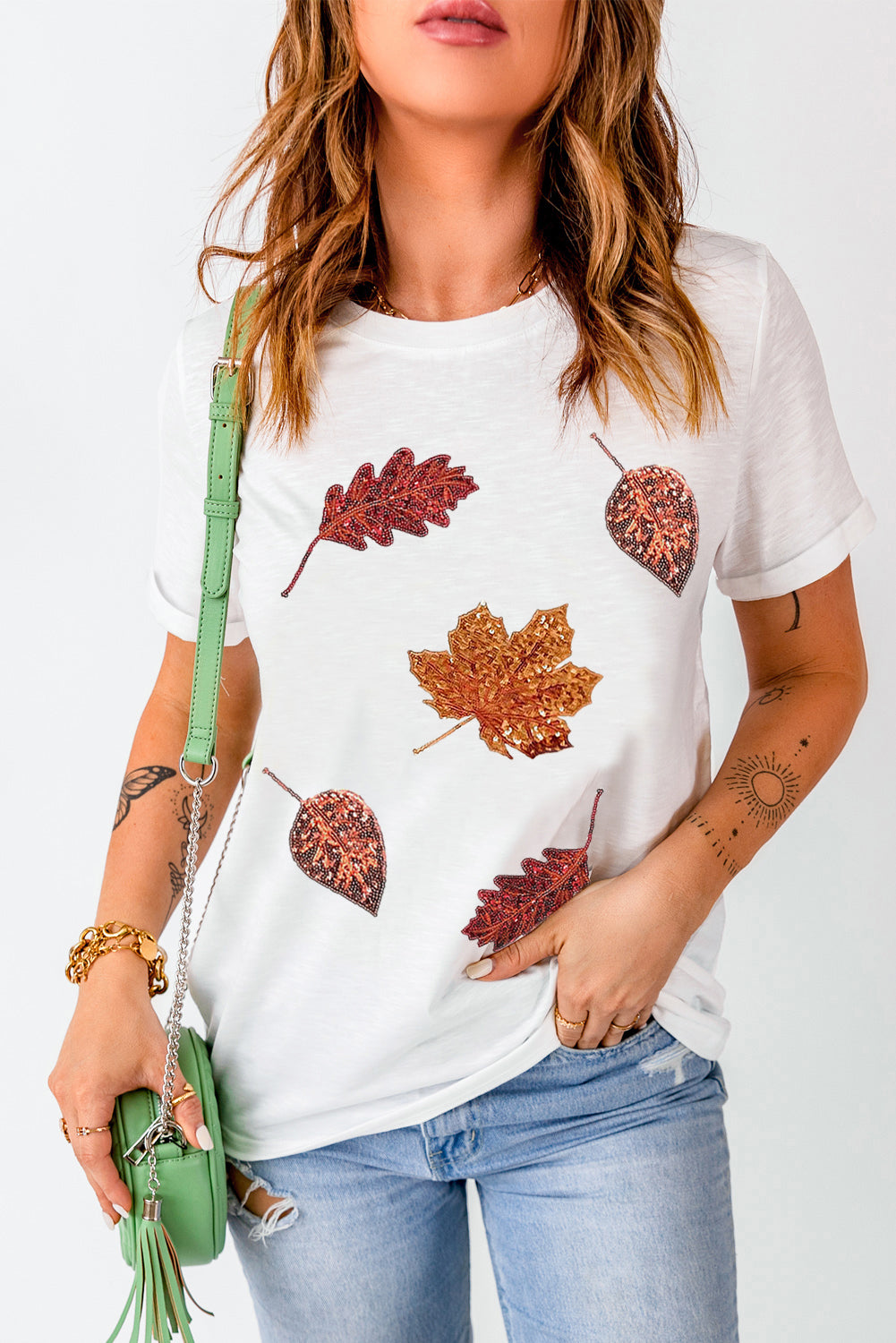 White Halloween Sequined Leaves Graphic Crew Neck T Shirt-Graphic/Graphic Tees-[Adult]-[Female]-2022 Online Blue Zone Planet