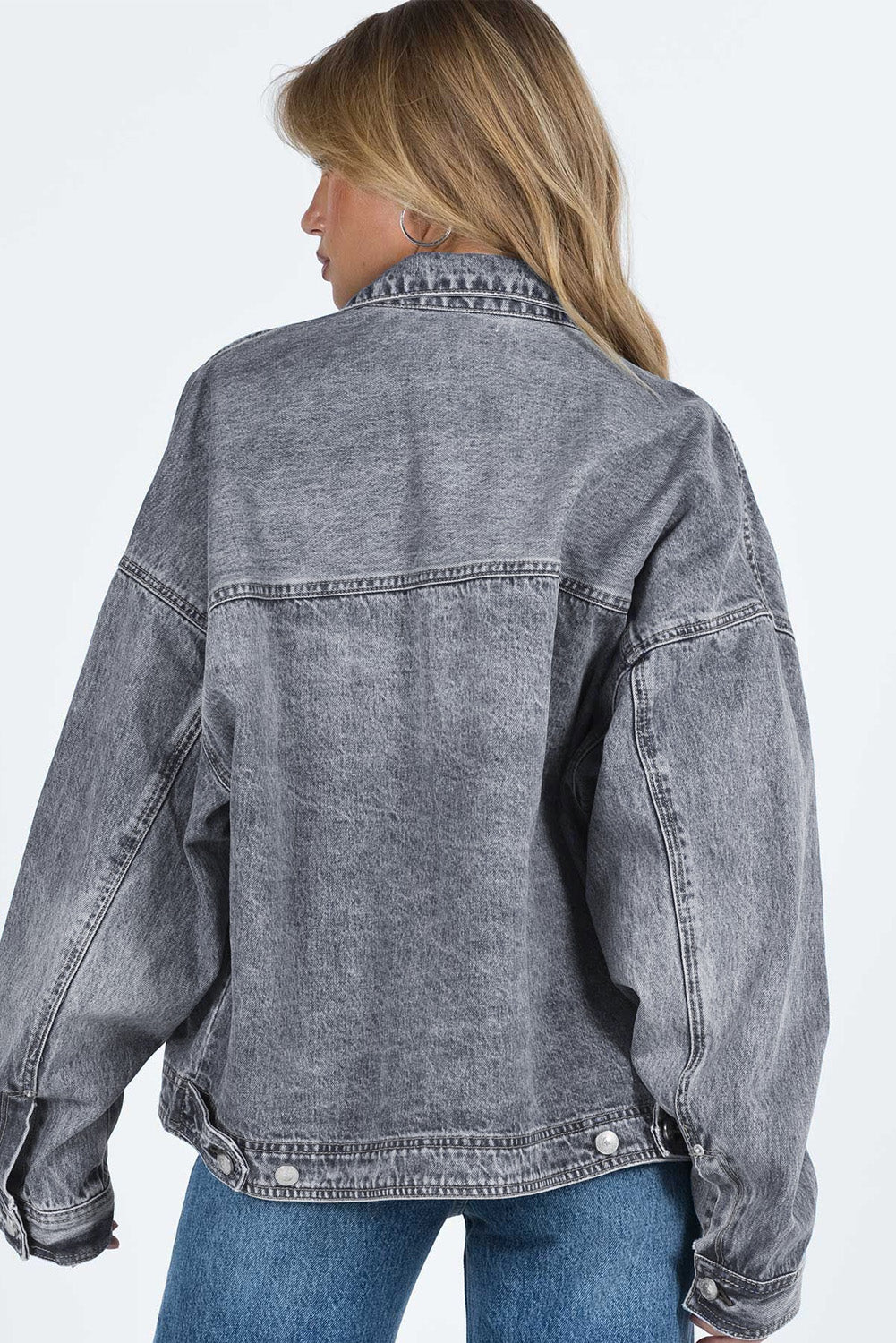 Blue Zone Planet | Gray Chest Pockets Drop Shoulder Loose Denim Jacket-Outerwear/Denim jackets-[Adult]-[Female]-2022 Online Blue Zone Planet