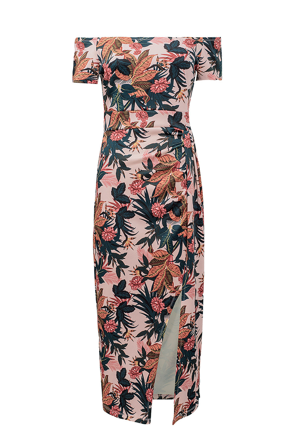 Pink Floral Print Off Shoulder Slit Bodycon Midi Dress Blue Zone Planet