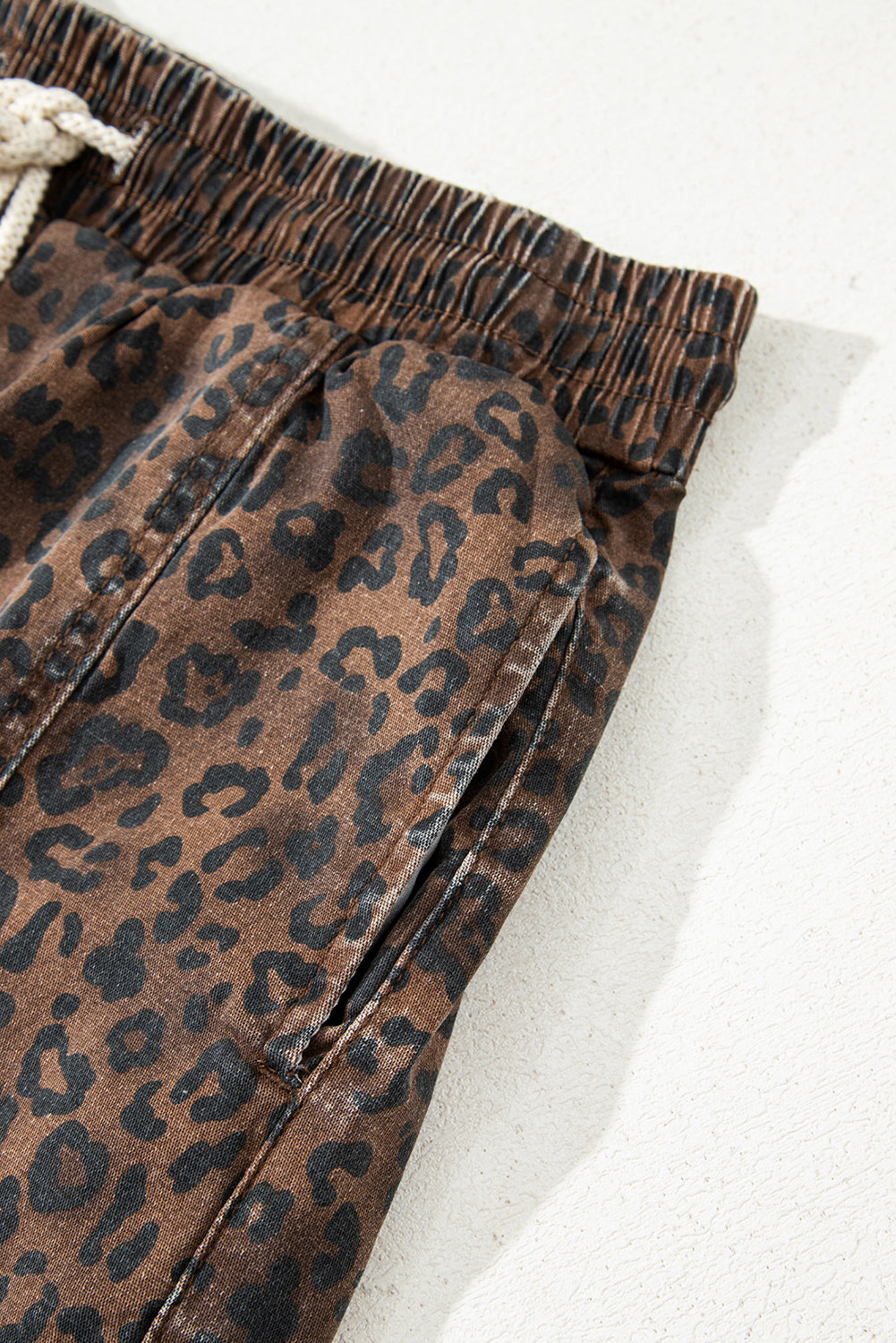 Brown Leopard Print Elastic Waist Drawstring Denim Skort-Bottoms/Denim Shorts-[Adult]-[Female]-2022 Online Blue Zone Planet