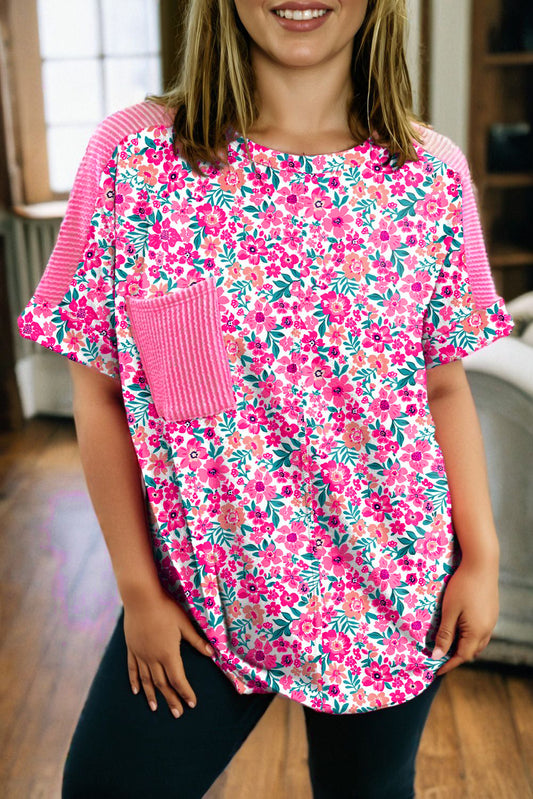 Pink Plus Size Floral Print Corded Patchwork Loose Top-Plus Size/Plus Size Tops/Plus Size Tops & Tees-[Adult]-[Female]-Pink-1X-2022 Online Blue Zone Planet