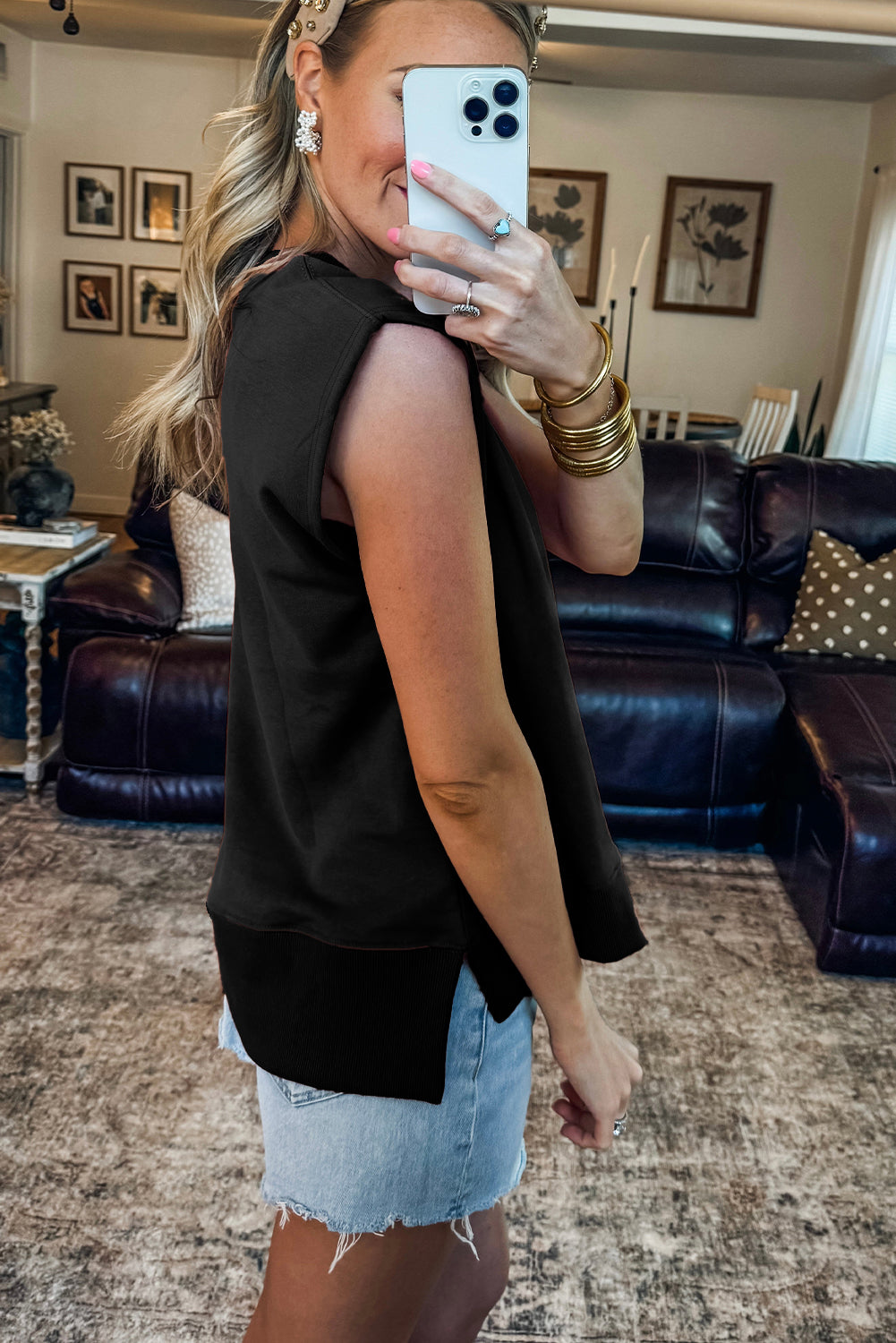 Black Solid Color Ribbed Trim Round Neck Cap Sleeve Casual Sweatshirt-Tops/Sweatshirts & Hoodies-[Adult]-[Female]-2022 Online Blue Zone Planet