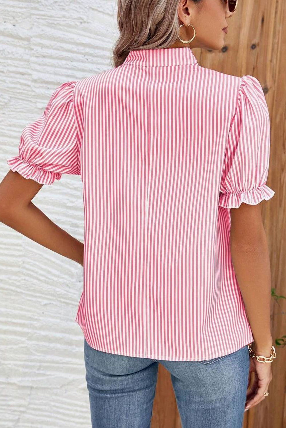 Pink Stripe Notched Neck Frilled Short Puff Sleeve Blouse-Tops/Blouses & Shirts-[Adult]-[Female]-2022 Online Blue Zone Planet
