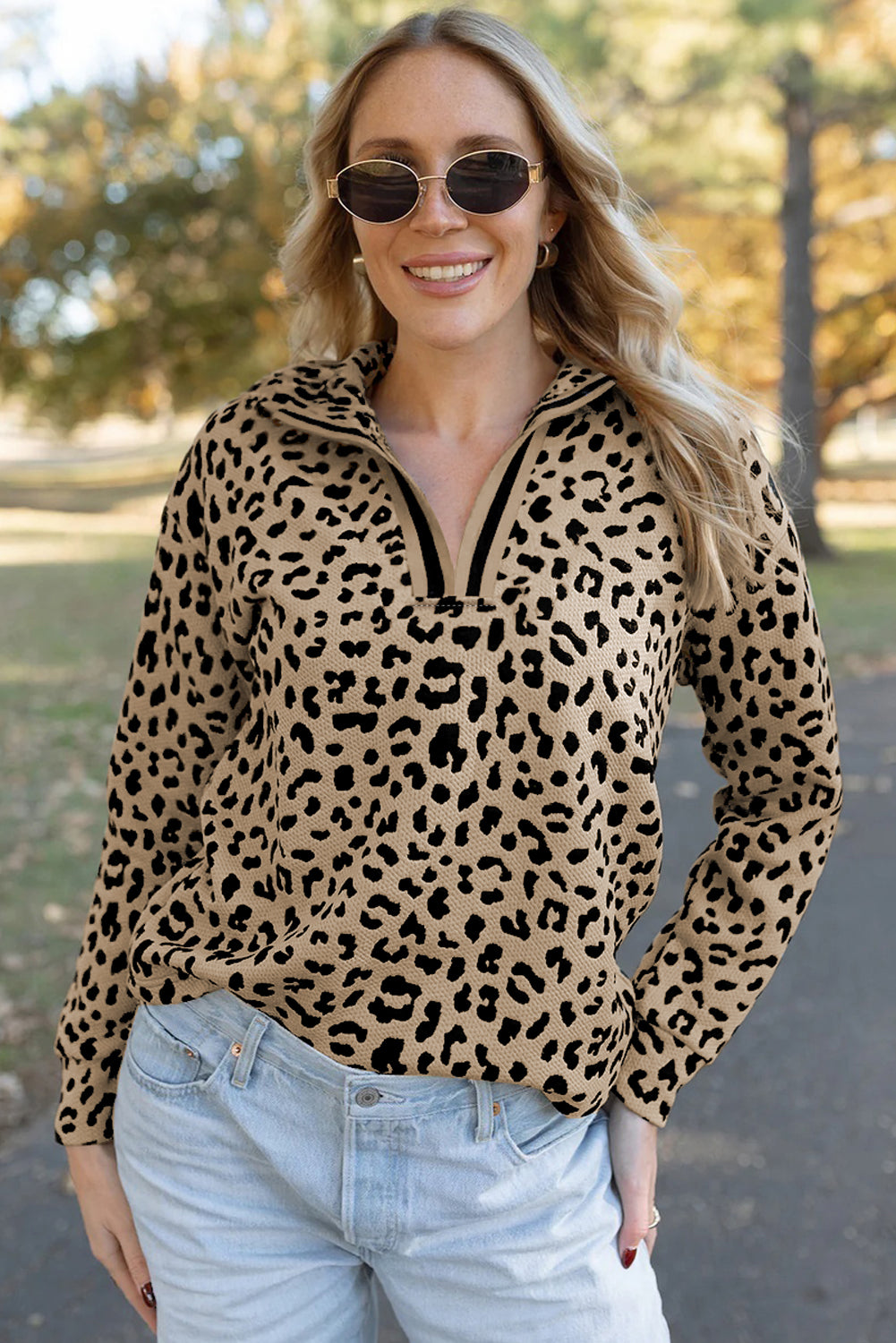 Parchment Leopard Polo Collar V Neck Pullover Top-Tops/Long Sleeve Tops-[Adult]-[Female]-2022 Online Blue Zone Planet
