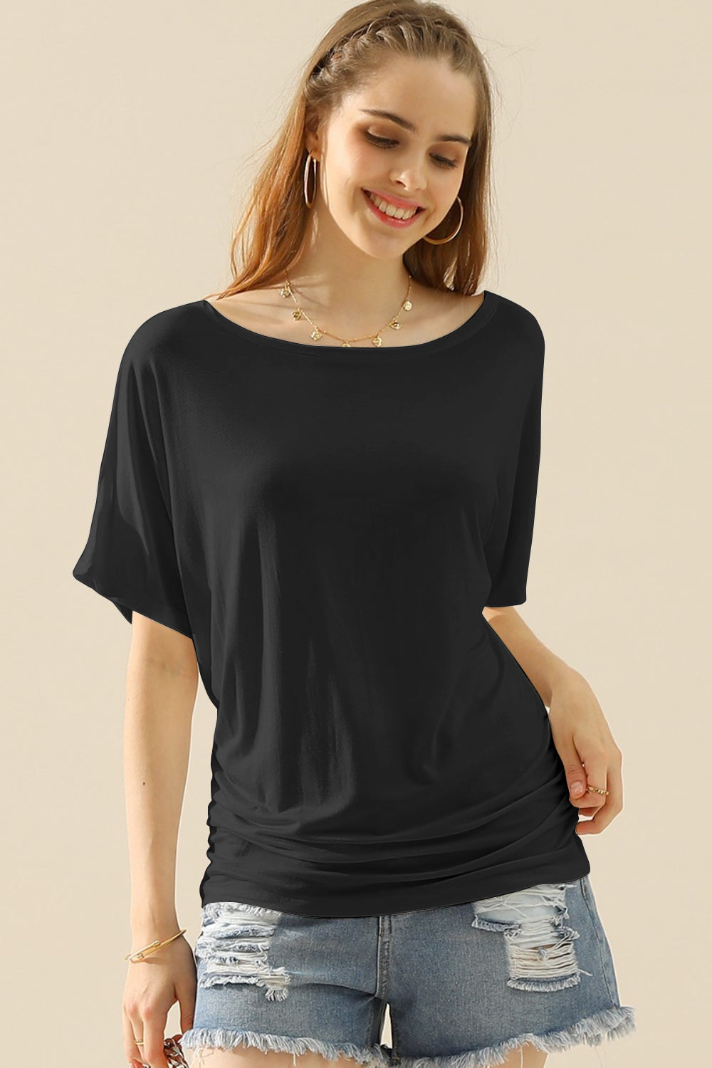 Ninexis Boat Neck Short Sleeve Ruched Side Top-TOPS / DRESSES-[Adult]-[Female]-2022 Online Blue Zone Planet