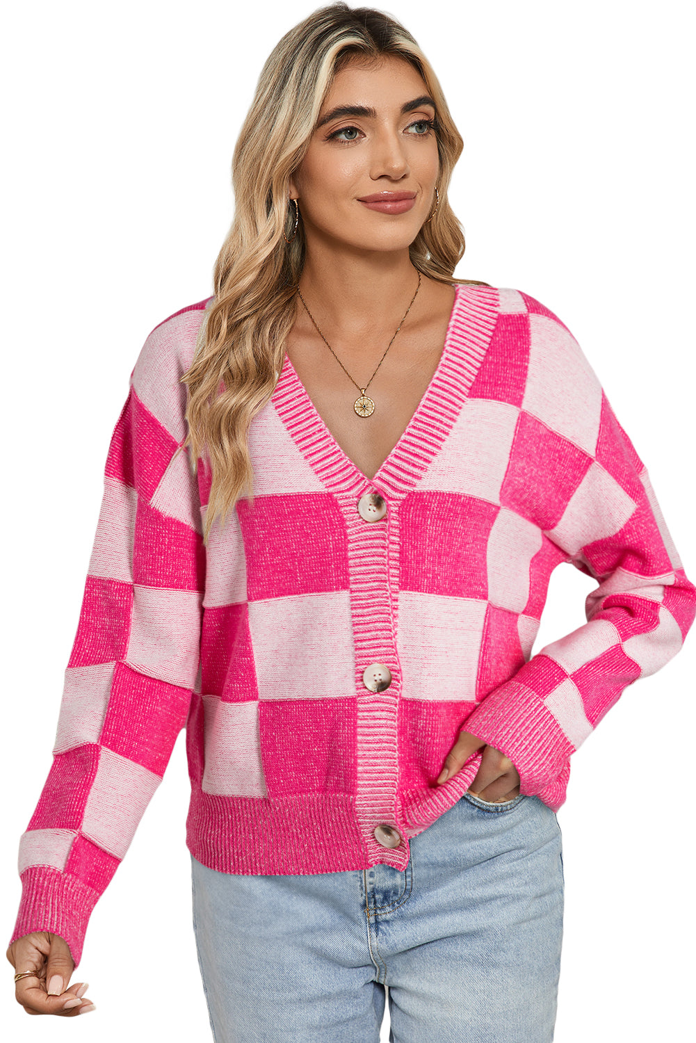 Blue Zone Planet | Orange Checkered Buttoned V Neck Drop Shoulder Cardigan-Cardigans-[Adult]-[Female]-2022 Online Blue Zone Planet