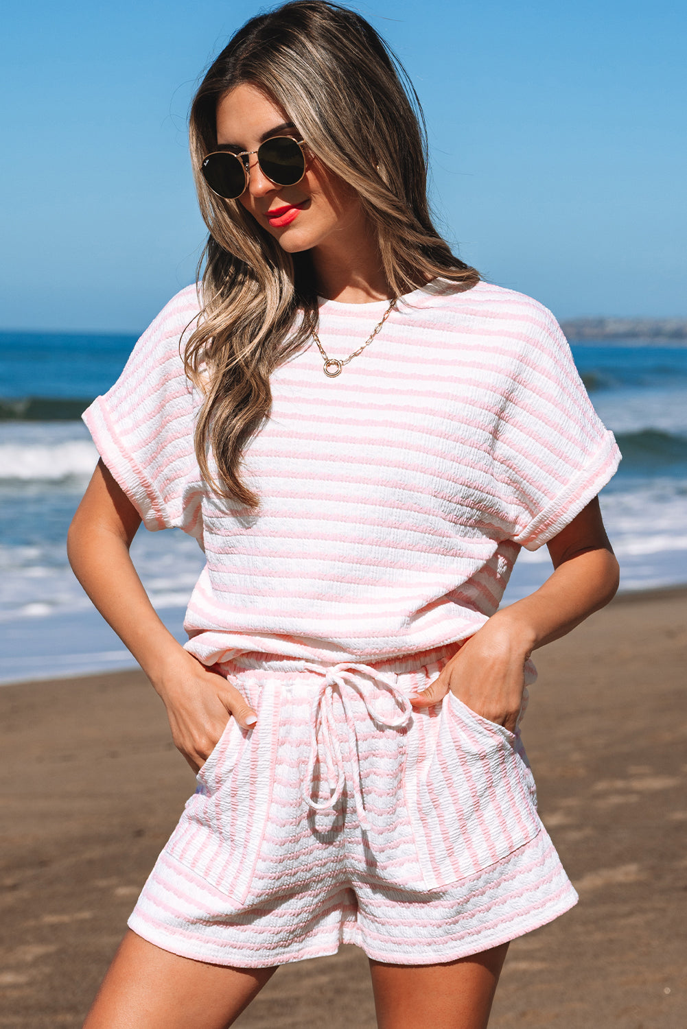 Pink Stripe Knitted Short Sleeve Top and Drawstring Shorts Set-Two Piece Sets/Short Sets-[Adult]-[Female]-2022 Online Blue Zone Planet