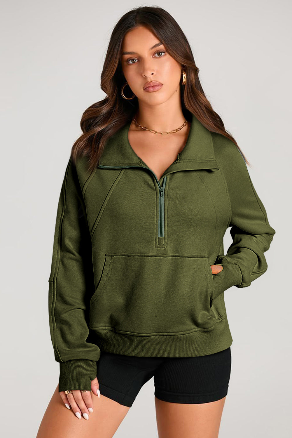 Brown Quarter Zip Stand Neck Kangaroo Pocket Sweatshirt-Tops/Sweatshirts & Hoodies-[Adult]-[Female]-2022 Online Blue Zone Planet