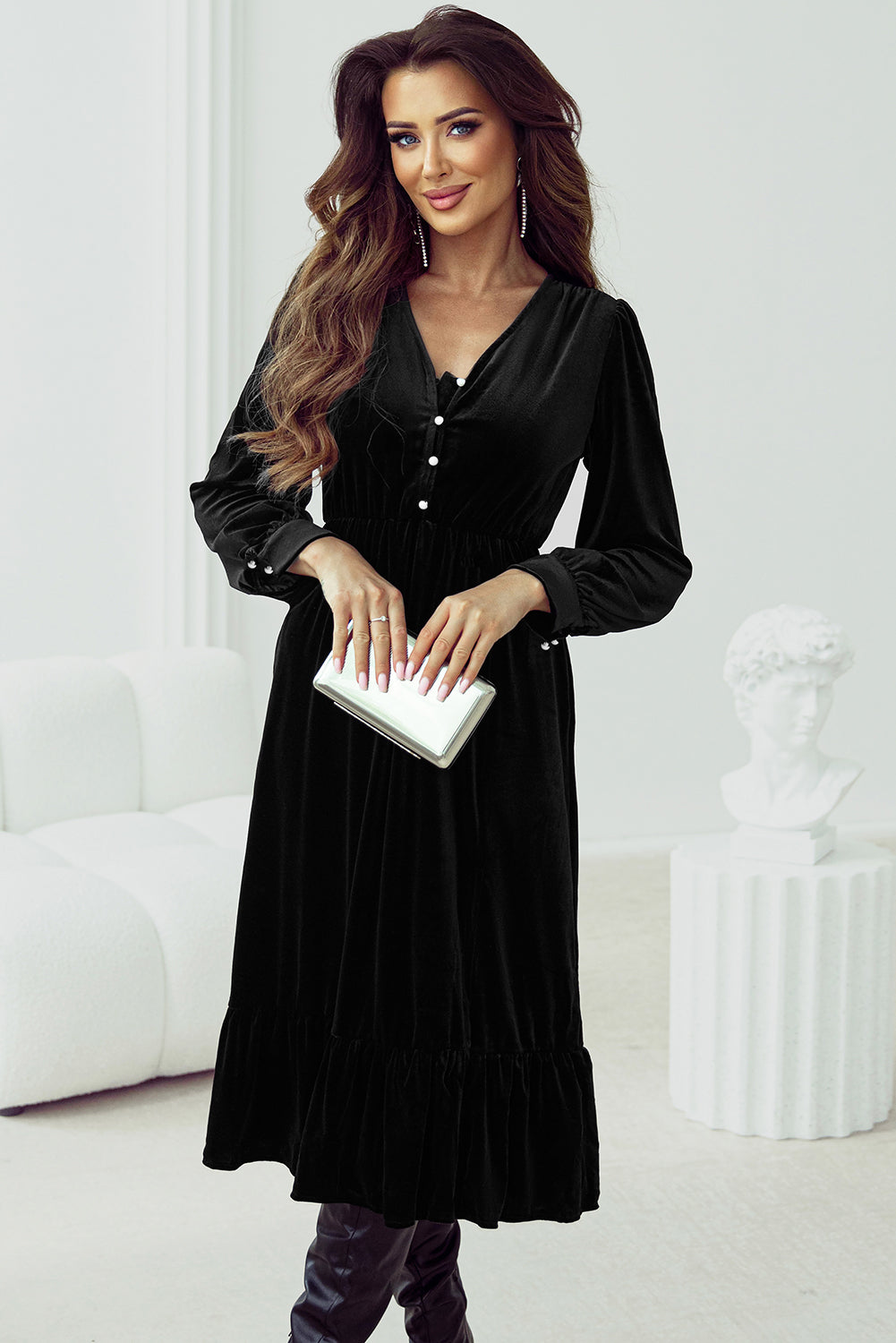 Blue Zone Planet | Black Velvet Buttoned Puff Sleeve V Neck Split Midi Dress-TOPS / DRESSES-[Adult]-[Female]-2022 Online Blue Zone Planet