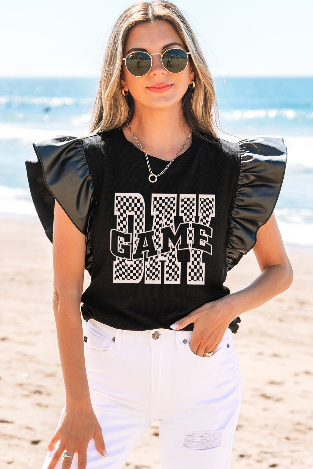 Black Game Day Checkered Letter Graphic Leatherette Ruffle Sleeve Top-Graphic/Graphic Tees-[Adult]-[Female]-Black-S-2022 Online Blue Zone Planet