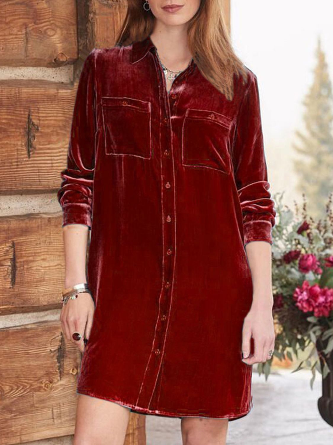 High-Low Button Up Long Sleeve Knee Length Dress-TOPS / DRESSES-[Adult]-[Female]-Brick Red-S-2022 Online Blue Zone Planet