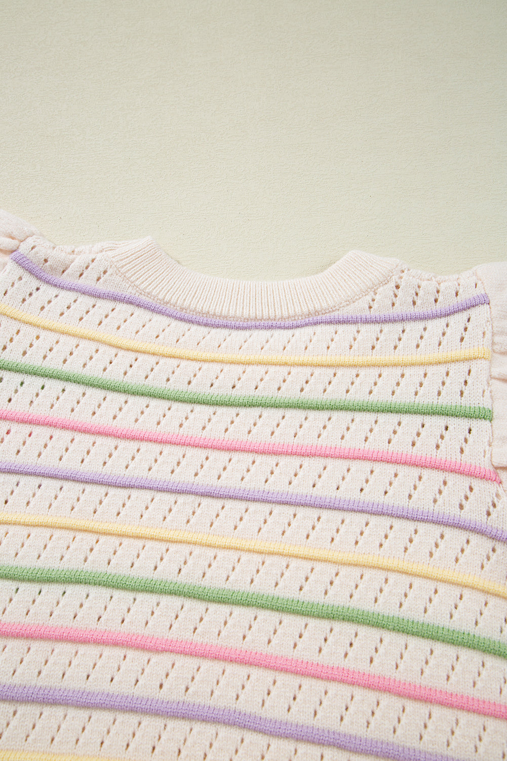 Oatmeal Colorful Striped Eyelet Knit Ruffled Sleeve Sweater T Shirt-Sweaters & Cardigans/Short Sleeve Sweaters-[Adult]-[Female]-2022 Online Blue Zone Planet