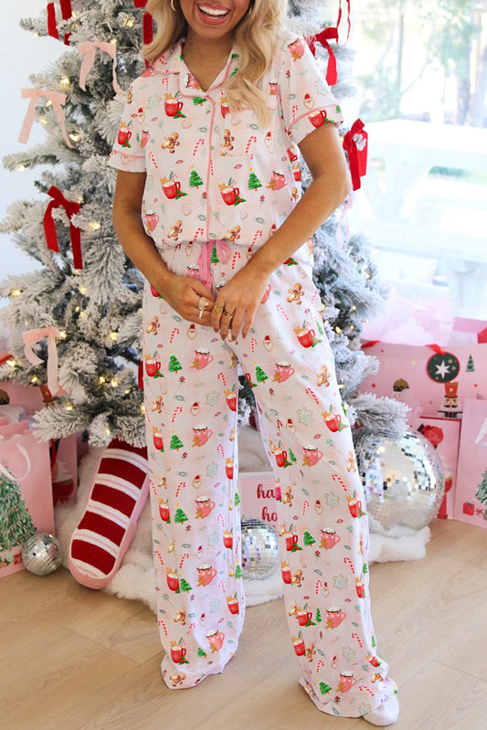 Pink Christmas Spirit Cute Holiday Print Short Sleeve Shirt and Pants Pajama Set-Loungewear Set-[Adult]-[Female]-Pink-L-2022 Online Blue Zone Planet