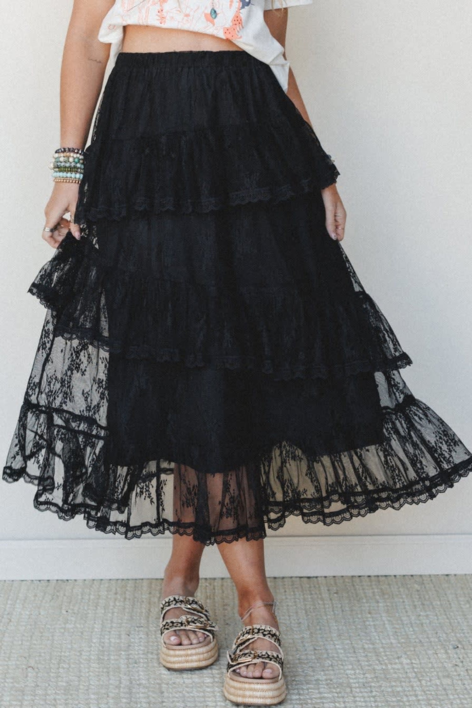 Black Elegant Ruffle Lace Tiered Skirt-Bottoms/Skirts & Petticoat-[Adult]-[Female]-2022 Online Blue Zone Planet