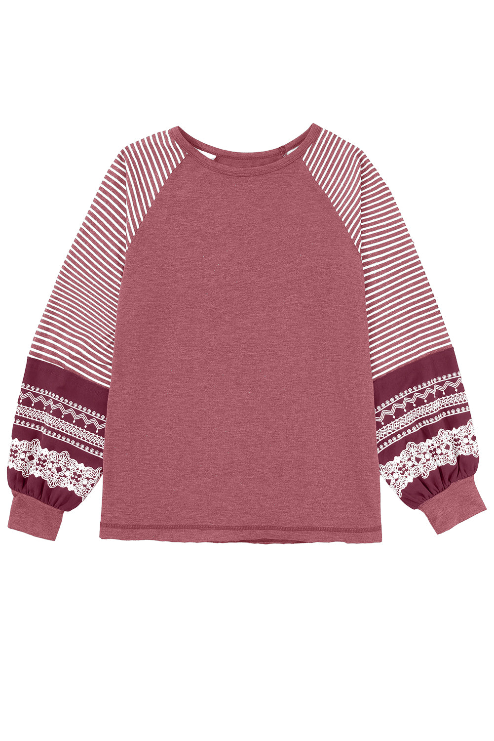 Mineral Red Contrast Print Striped Raglan Long Sleeve Loose Top-Tops/Long Sleeve Tops-[Adult]-[Female]-2022 Online Blue Zone Planet